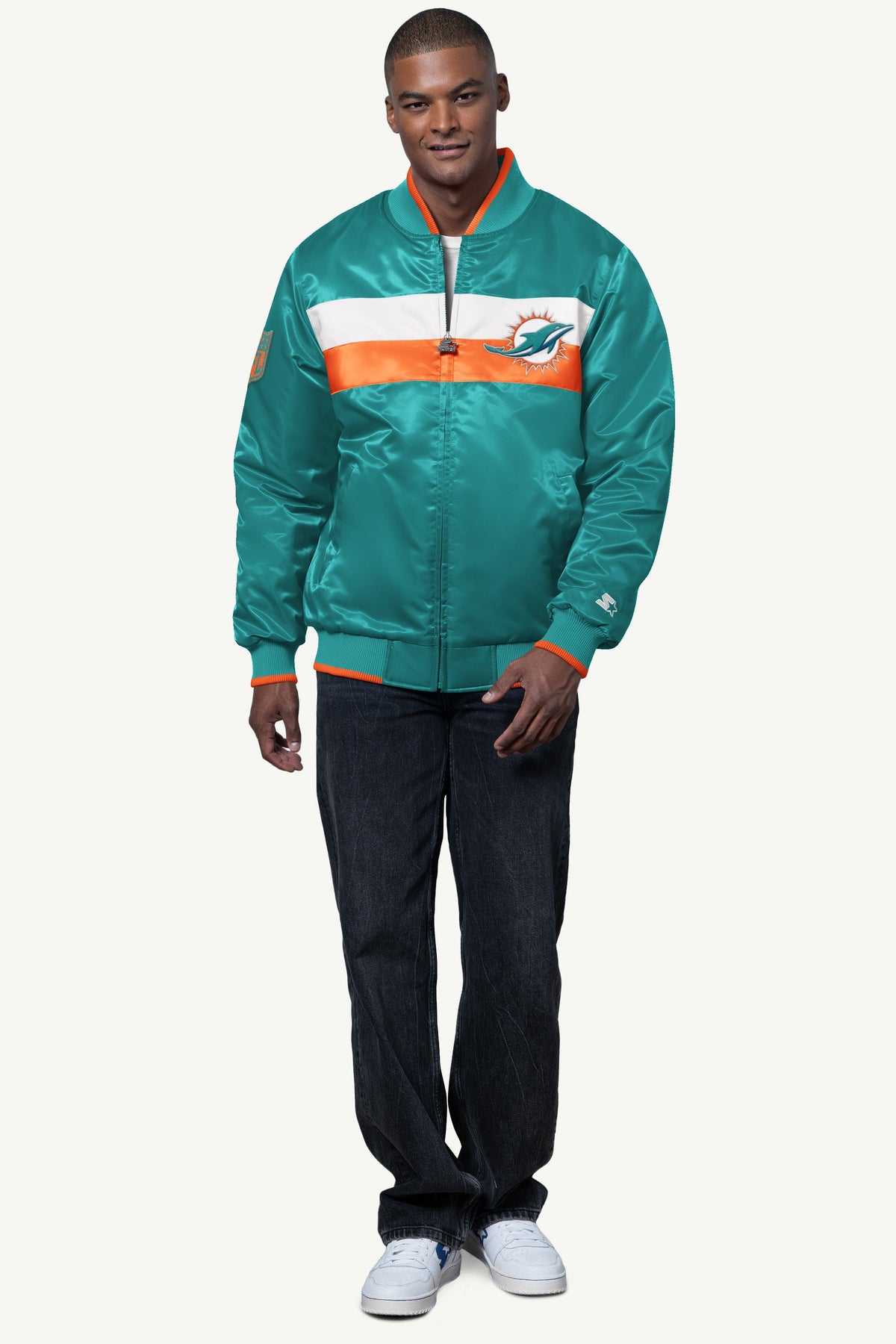 Starter Best Seller | MENS MIAMI DOLPHINS AMBASSADOR SATIN VARSITY JACKET