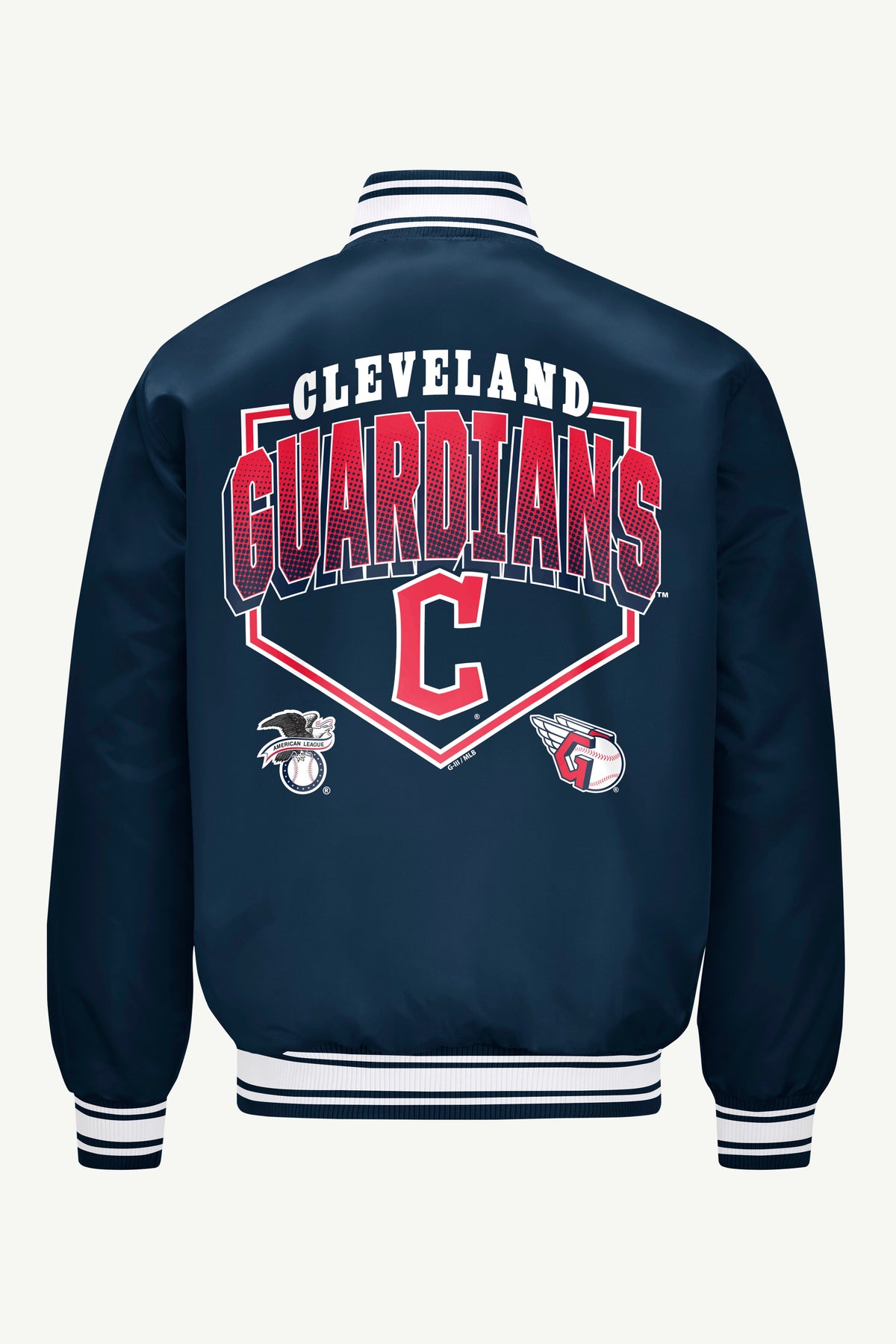 Starter Signature | MENS CLEVELAND GUARDIANS PRINTED HOMEPLATE SATIN VARSITY JACKET