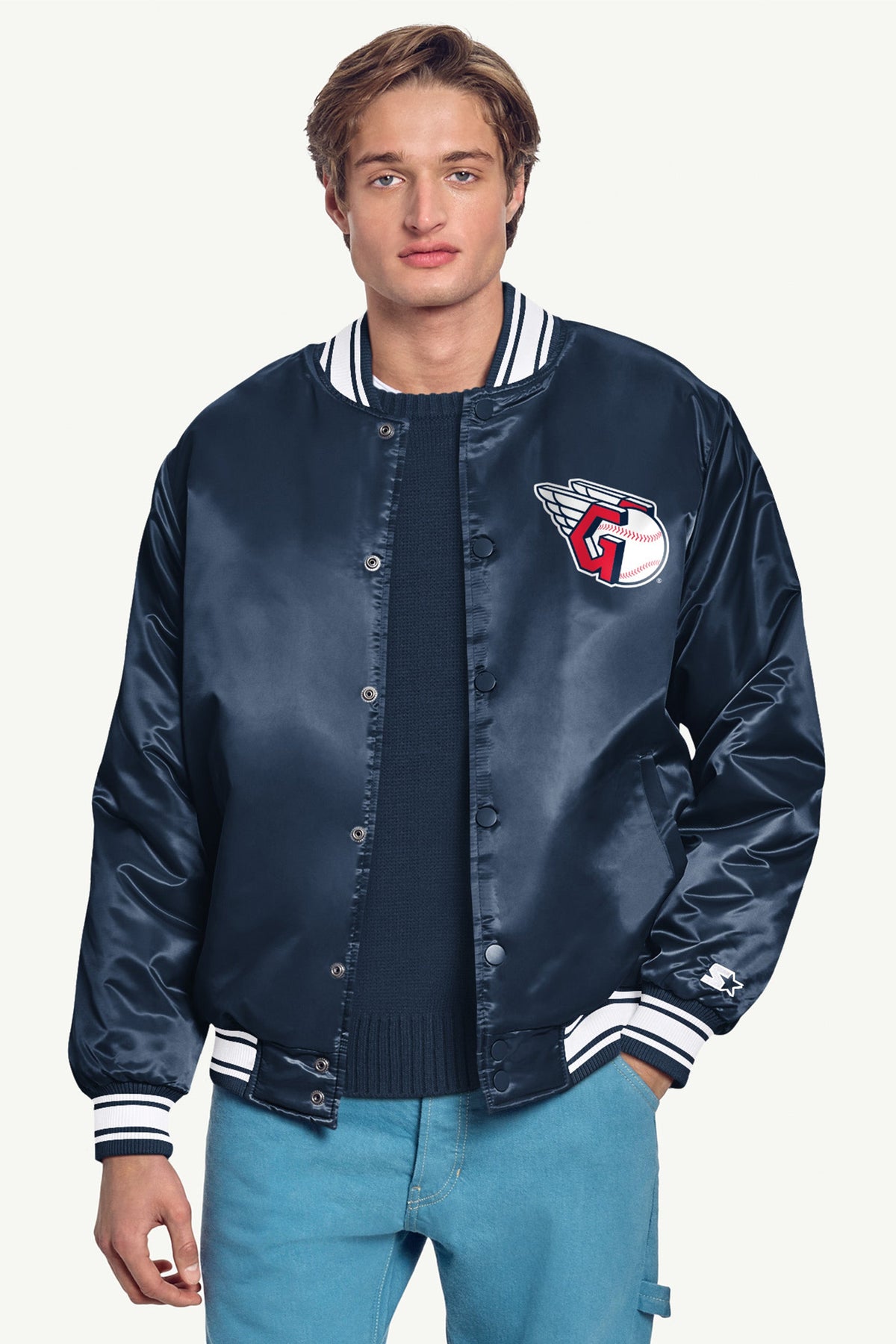 Starter Signature | MENS CLEVELAND GUARDIANS PRINTED HOMEPLATE SATIN VARSITY JACKET