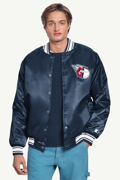 Starter Signature | MENS CLEVELAND GUARDIANS PRINTED HOMEPLATE SATIN VARSITY JACKET