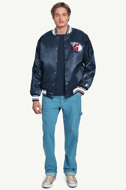 Starter Signature | MENS CLEVELAND GUARDIANS PRINTED HOMEPLATE SATIN VARSITY JACKET