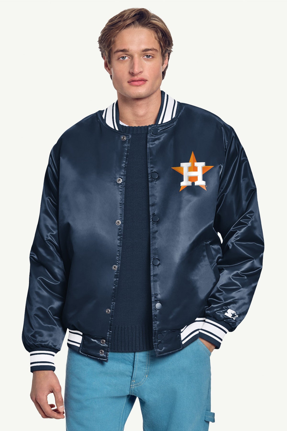 Starter Recommended | MENS HOUSTON ASTROS PRINTED HOMEPLATE SATIN VARSITY JACKET