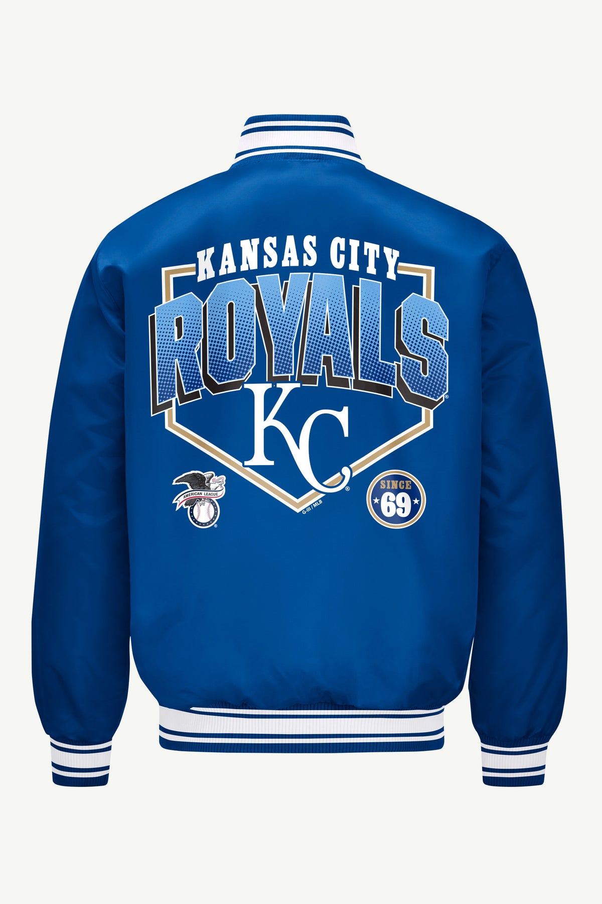 Starter Featured | MENS KANSAS CITY ROYALS HOMEPLATE PRINTED GRAPHIC SATIN VARSITY JACKET