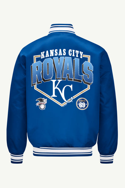 Starter Featured | MENS KANSAS CITY ROYALS HOMEPLATE PRINTED GRAPHIC SATIN VARSITY JACKET