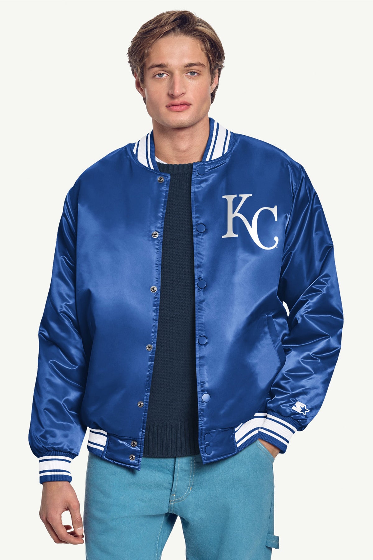Starter Featured | MENS KANSAS CITY ROYALS HOMEPLATE PRINTED GRAPHIC SATIN VARSITY JACKET
