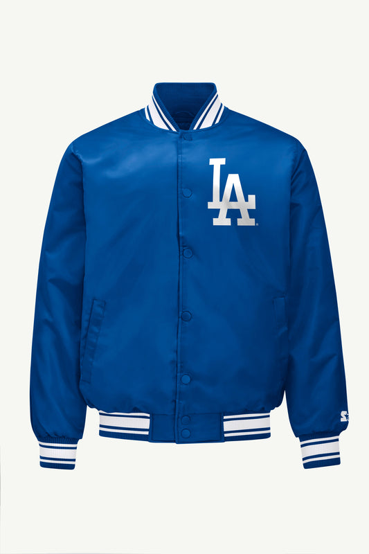 Starter Featured | MENS LOS ANGELES DODGERS HOMEPLATE PRINTED GRAPHIC SATIN VARSITY JACKET