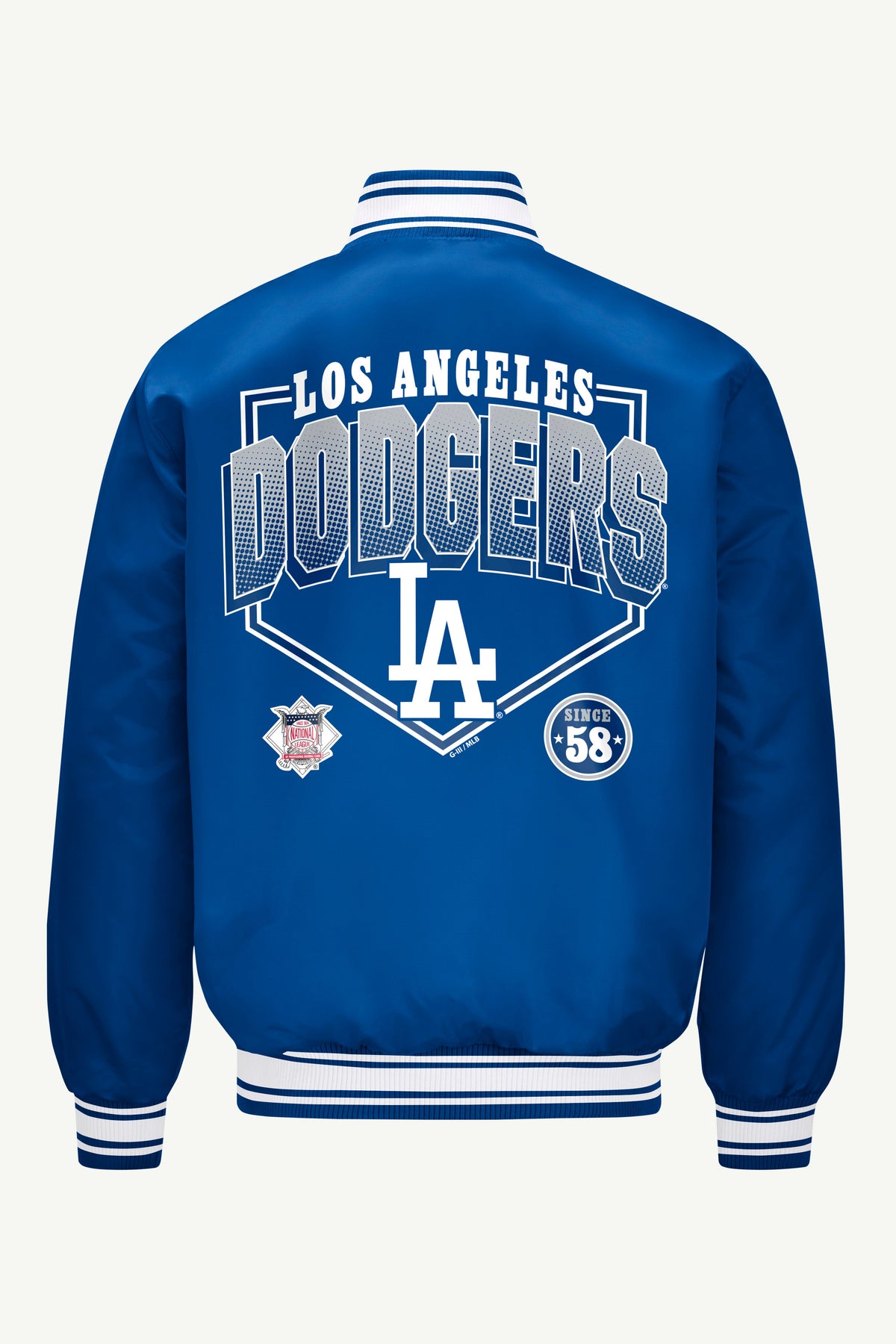 Starter Featured | MENS LOS ANGELES DODGERS HOMEPLATE PRINTED GRAPHIC SATIN VARSITY JACKET