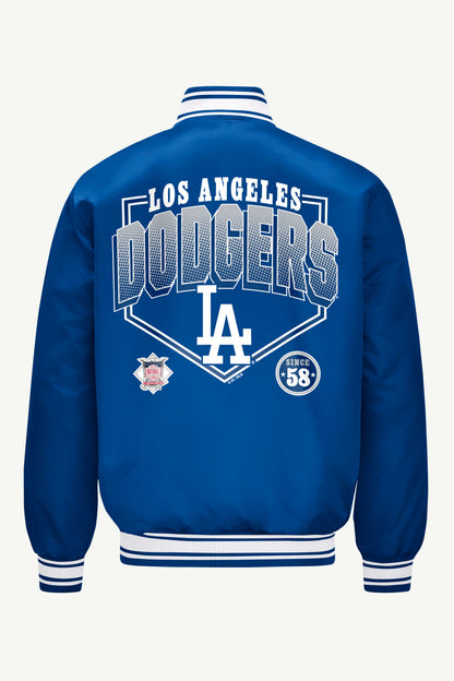 Starter Featured | MENS LOS ANGELES DODGERS HOMEPLATE PRINTED GRAPHIC SATIN VARSITY JACKET