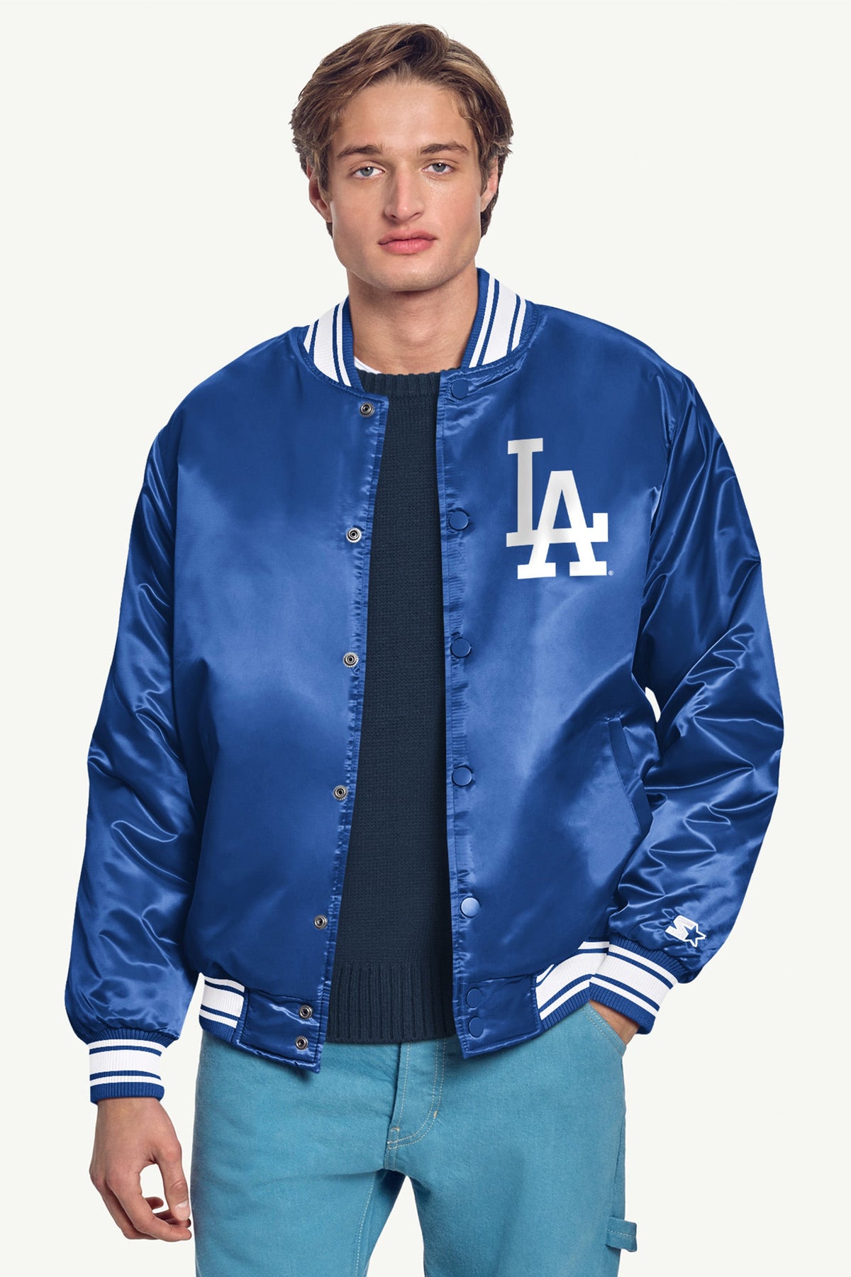 Starter Featured | MENS LOS ANGELES DODGERS HOMEPLATE PRINTED GRAPHIC SATIN VARSITY JACKET