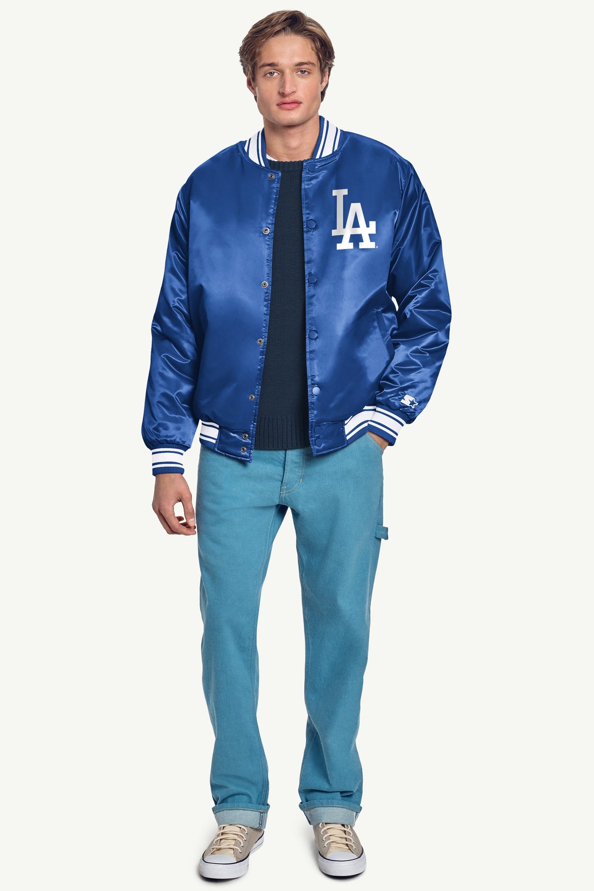 Starter Featured | MENS LOS ANGELES DODGERS HOMEPLATE PRINTED GRAPHIC SATIN VARSITY JACKET