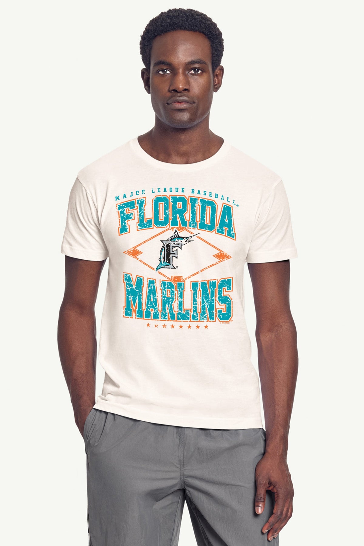 Starter Special Offer | MENS MIAMI MARLINS DISTRESSED COOPERSTOWN DIAMOND SHORT SLEEVE T SHIRT