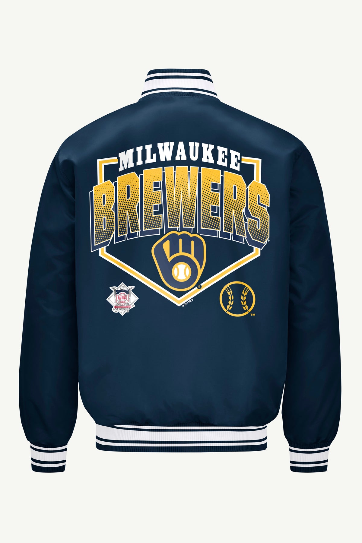 Starter Premium | MENS MILWAUKEE BREWERS PRINTED HOMEPLATE SATIN VARSITY JACKET