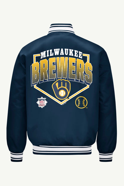 Starter Premium | MENS MILWAUKEE BREWERS PRINTED HOMEPLATE SATIN VARSITY JACKET