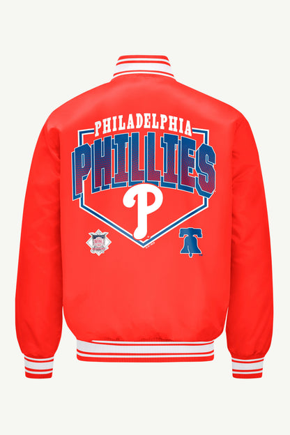 Starter Special Offer | MENS PHILADELPHIA PHILLIES PRINTED HOMEPLATE SATIN VARSITY JACKET