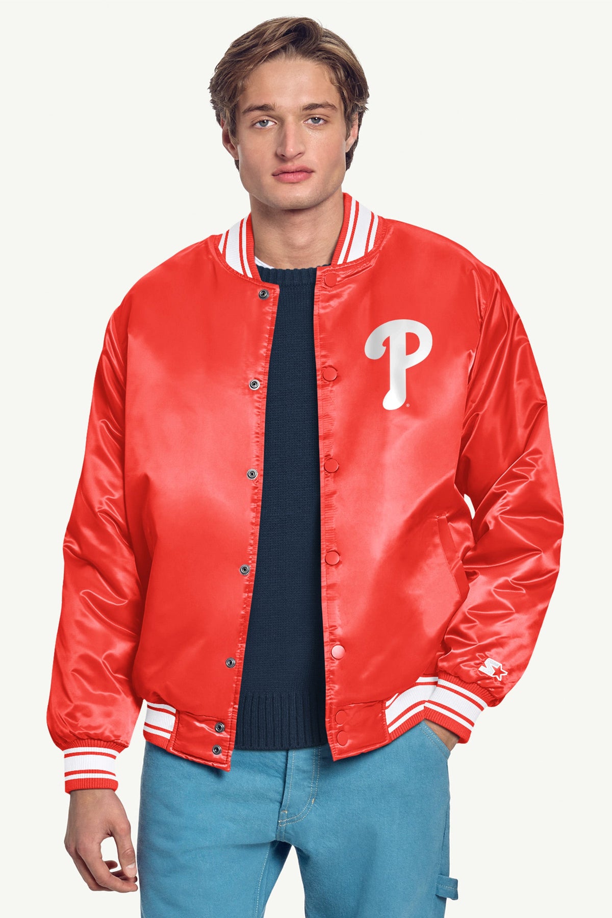 Starter Special Offer | MENS PHILADELPHIA PHILLIES PRINTED HOMEPLATE SATIN VARSITY JACKET