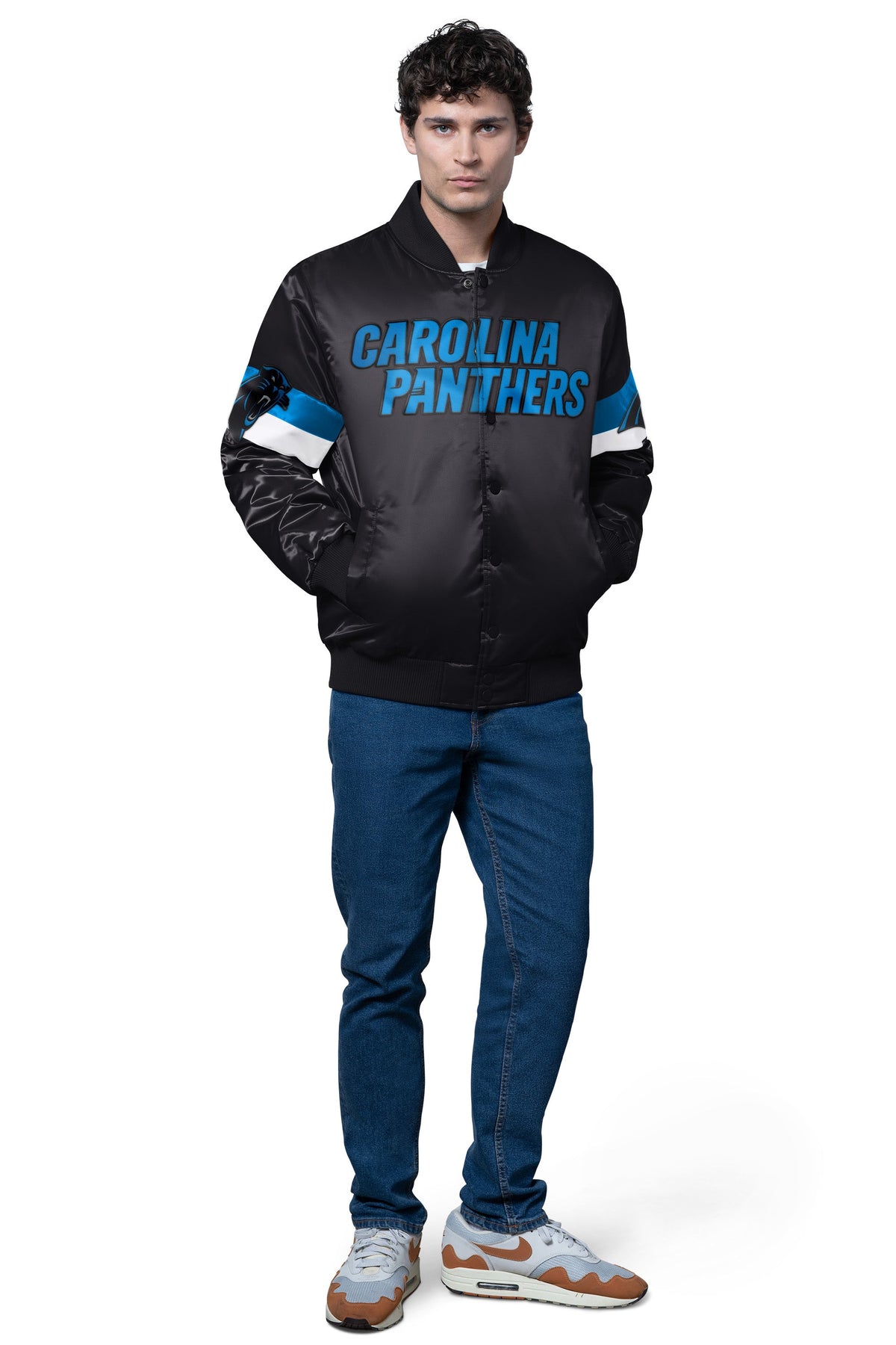 Starter Recommended | MENS CAROLINA PANTHERS TRIPLE OPTION SATIN VARSITY JACKET