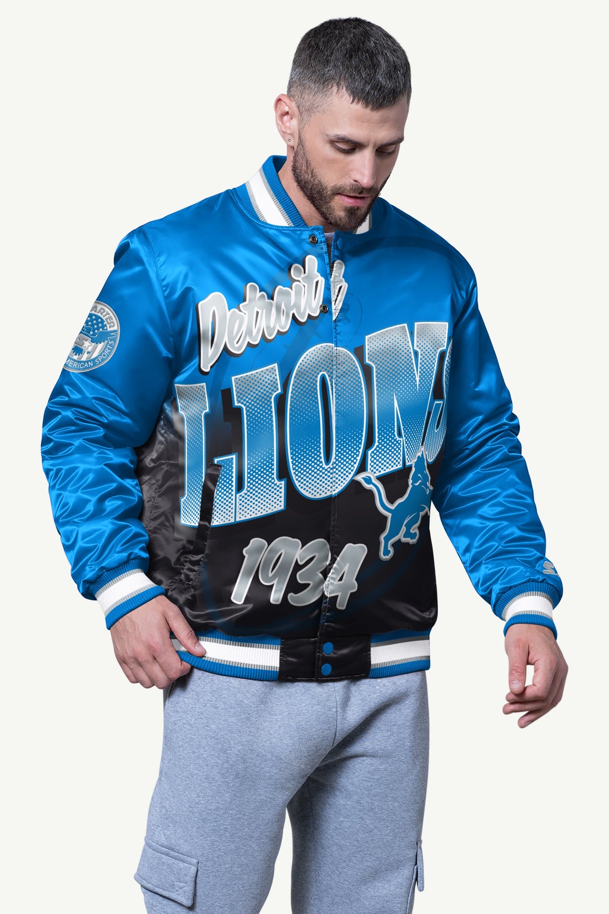 Starter Latest | MENS DETROIT LIONS PASS RUSH SATIN VARSITY JACKET