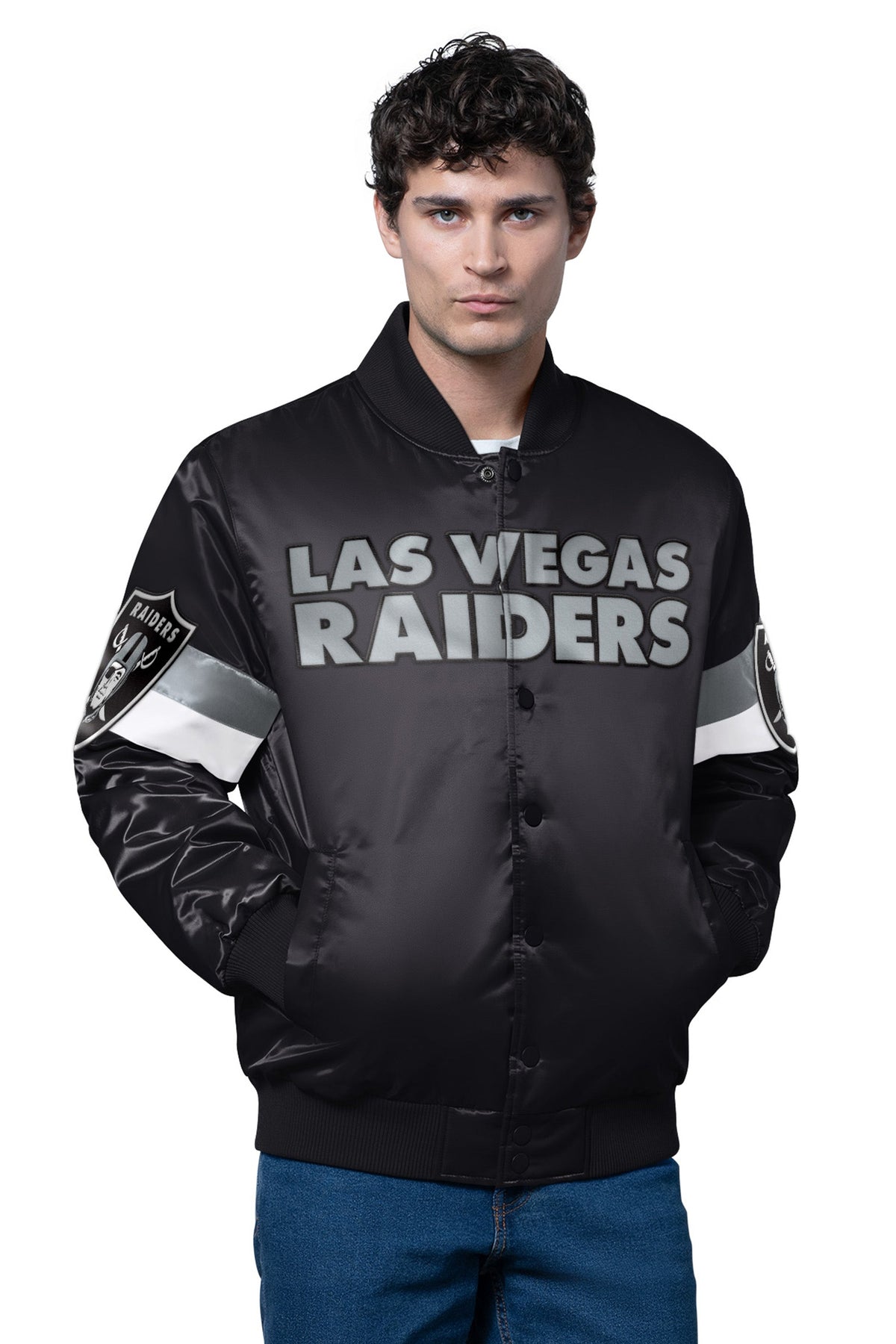 Starter Discount | MENS LAS VEGAS RAIDERS TRIPLE OPTION SATIN VARSITY JACKET