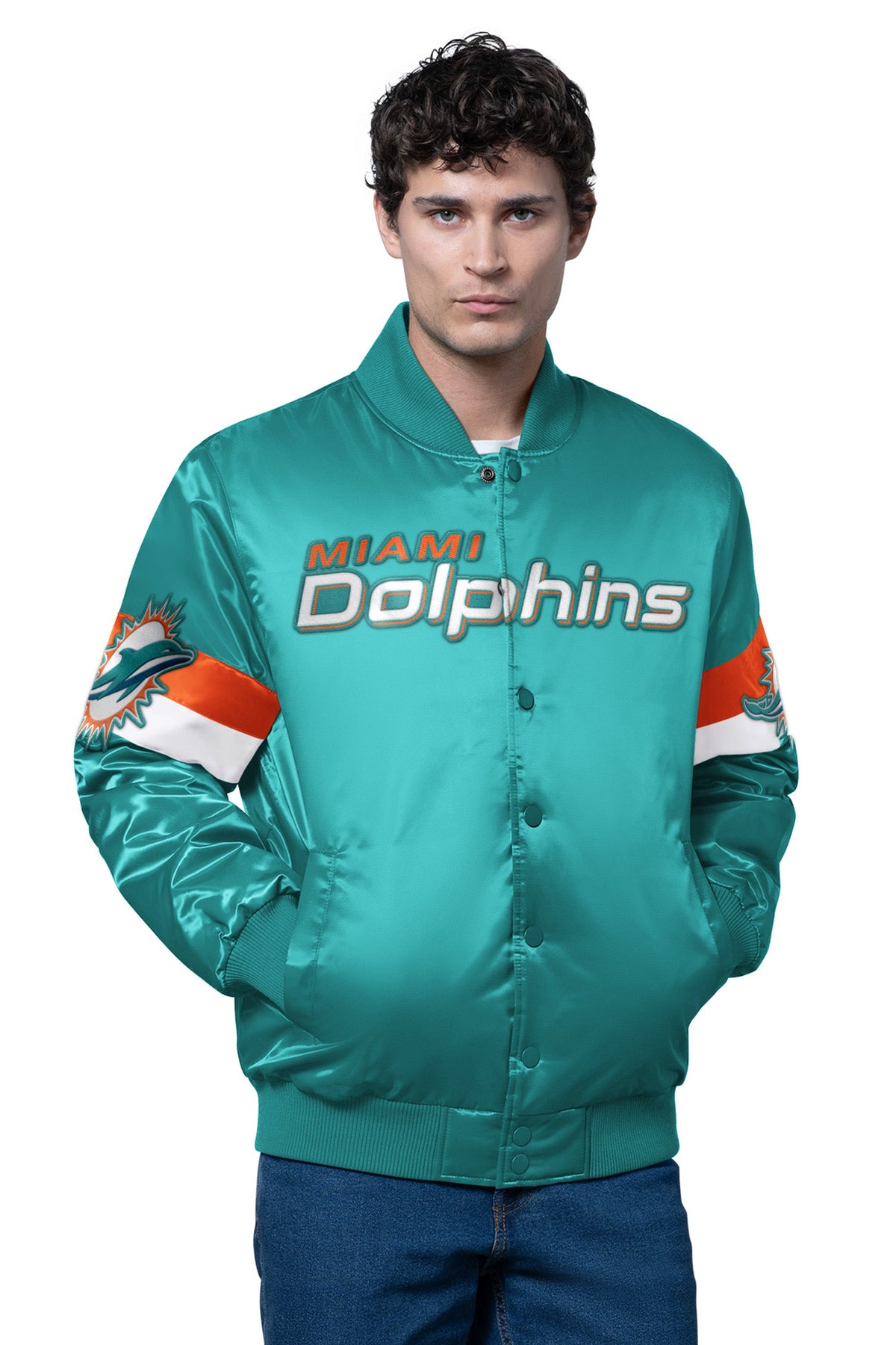 Starter Quality | MENS MIAMI DOLPHINS TRIPLE OPTION SATIN VARSITY JACKET