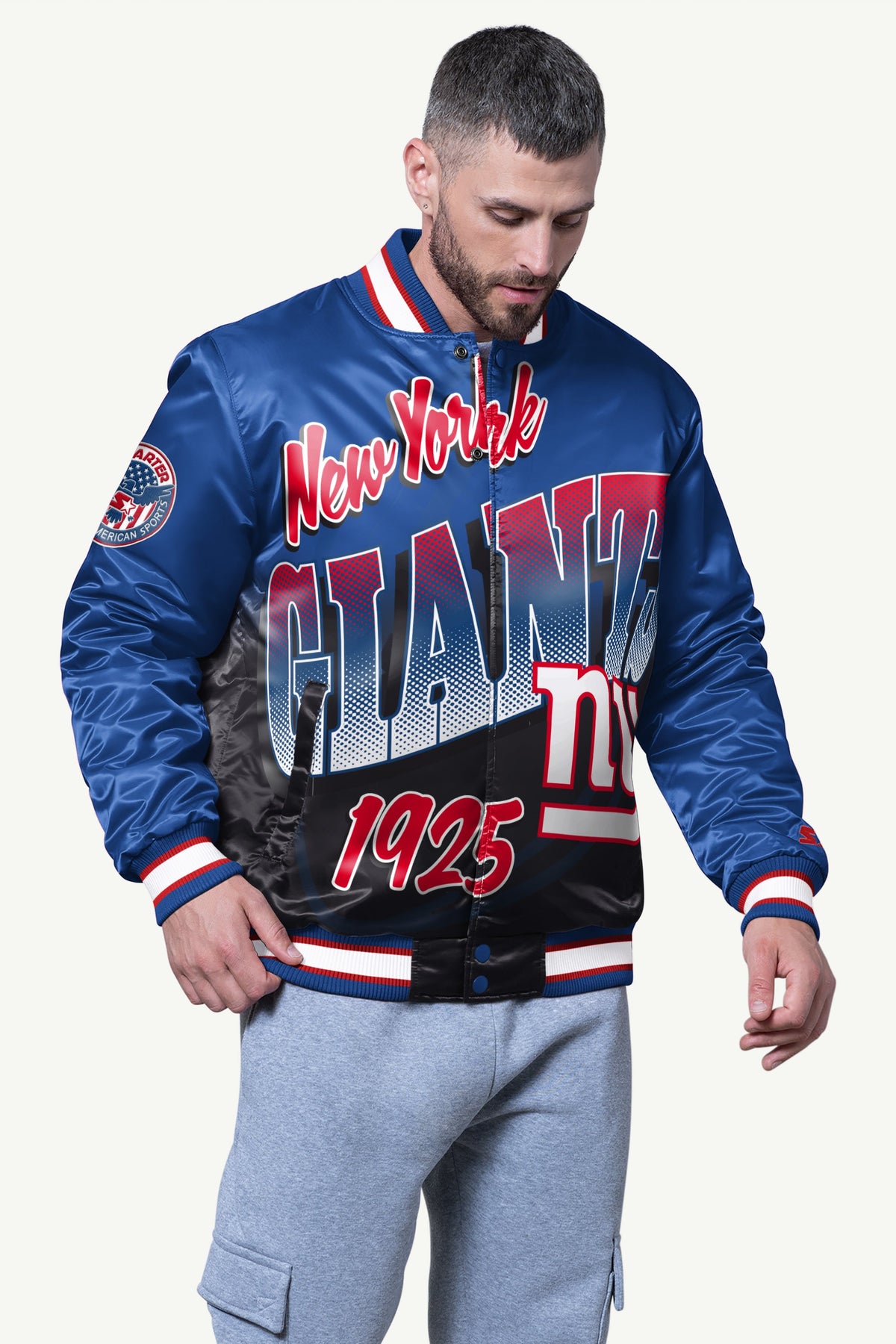 Starter Exclusive | MENS NEW YORK GIANTS PASS RUSH SATIN VARSITY JACKET