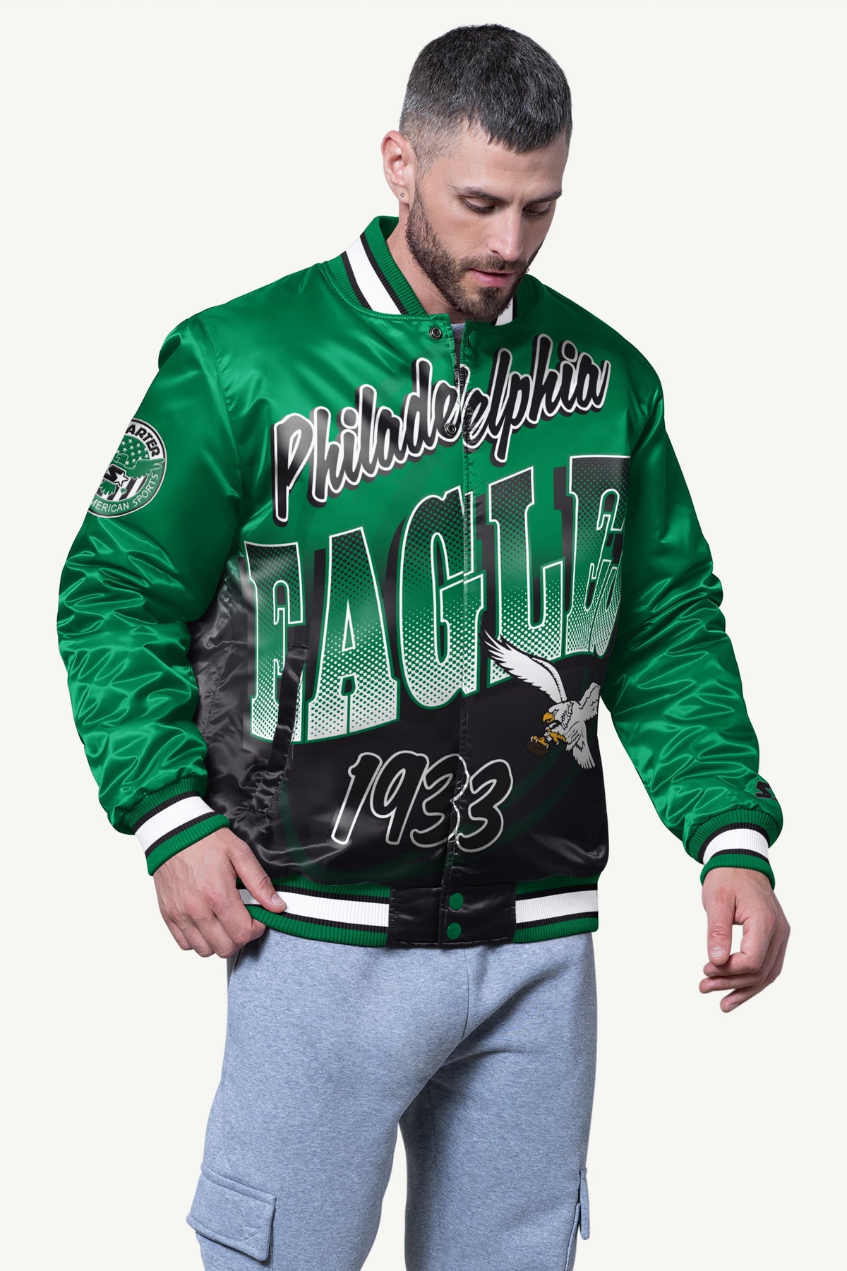 Starter Featured | MENS PHILADELPHIA EAGLES PASS RUSH SATIN VARSITY JACKET