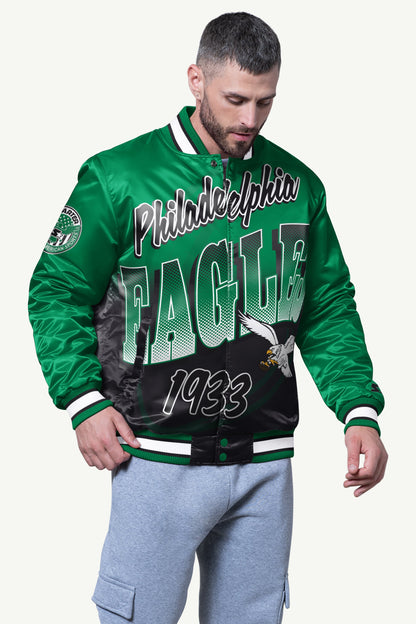 Starter Featured | MENS PHILADELPHIA EAGLES PASS RUSH SATIN VARSITY JACKET