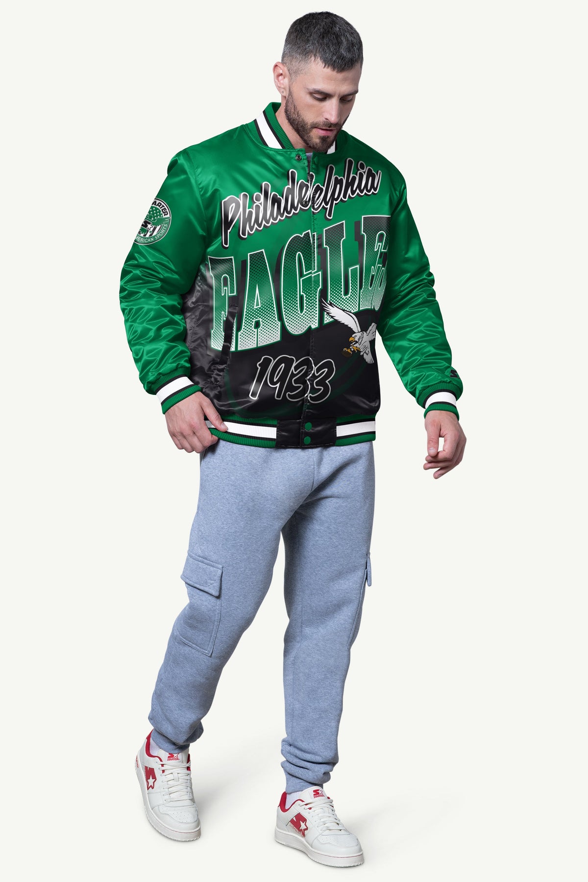 Starter Featured | MENS PHILADELPHIA EAGLES PASS RUSH SATIN VARSITY JACKET