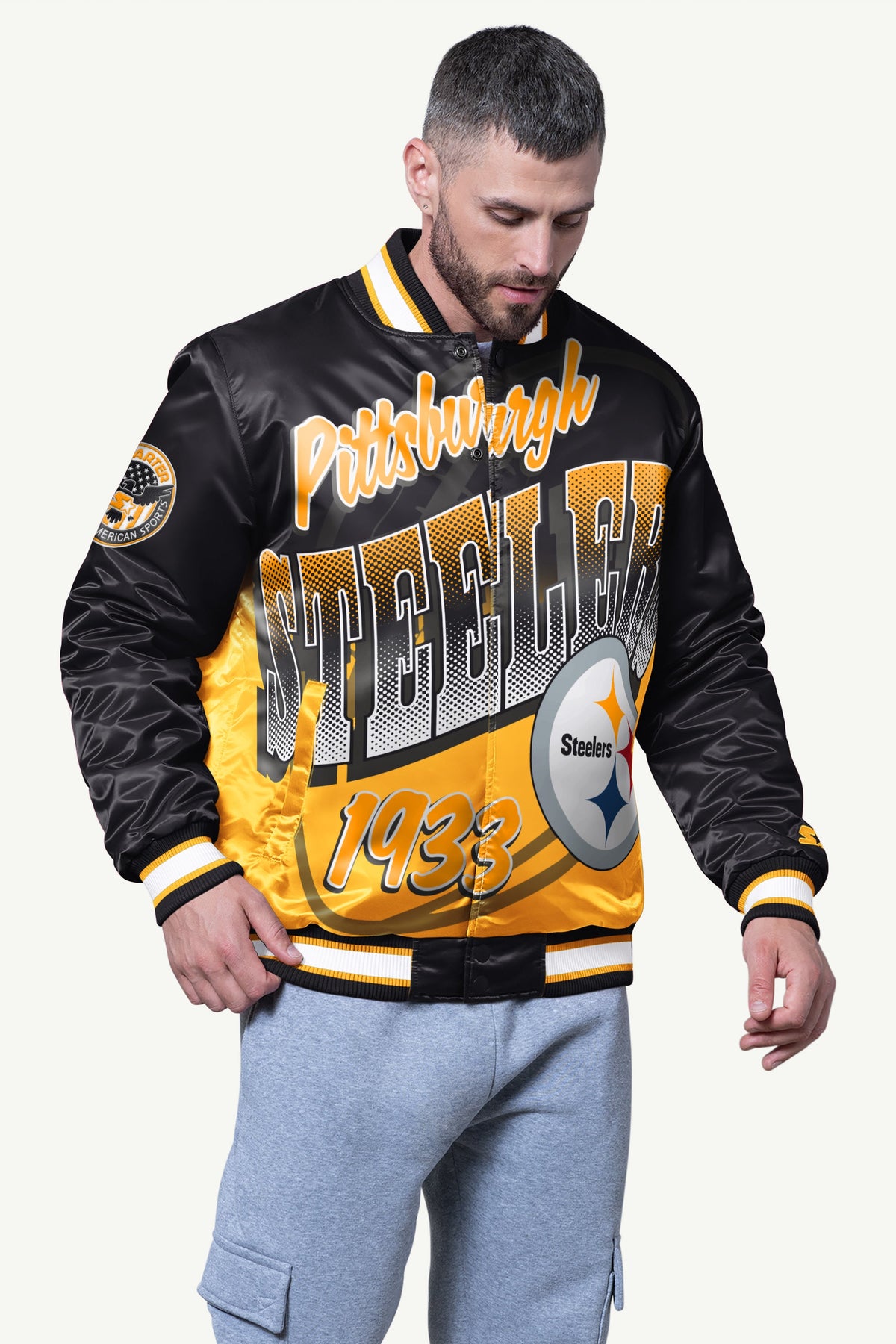 Starter Premium | MENS PITTSBURGH STEELERS PASS RUSH SATIN VARSITY JACKET