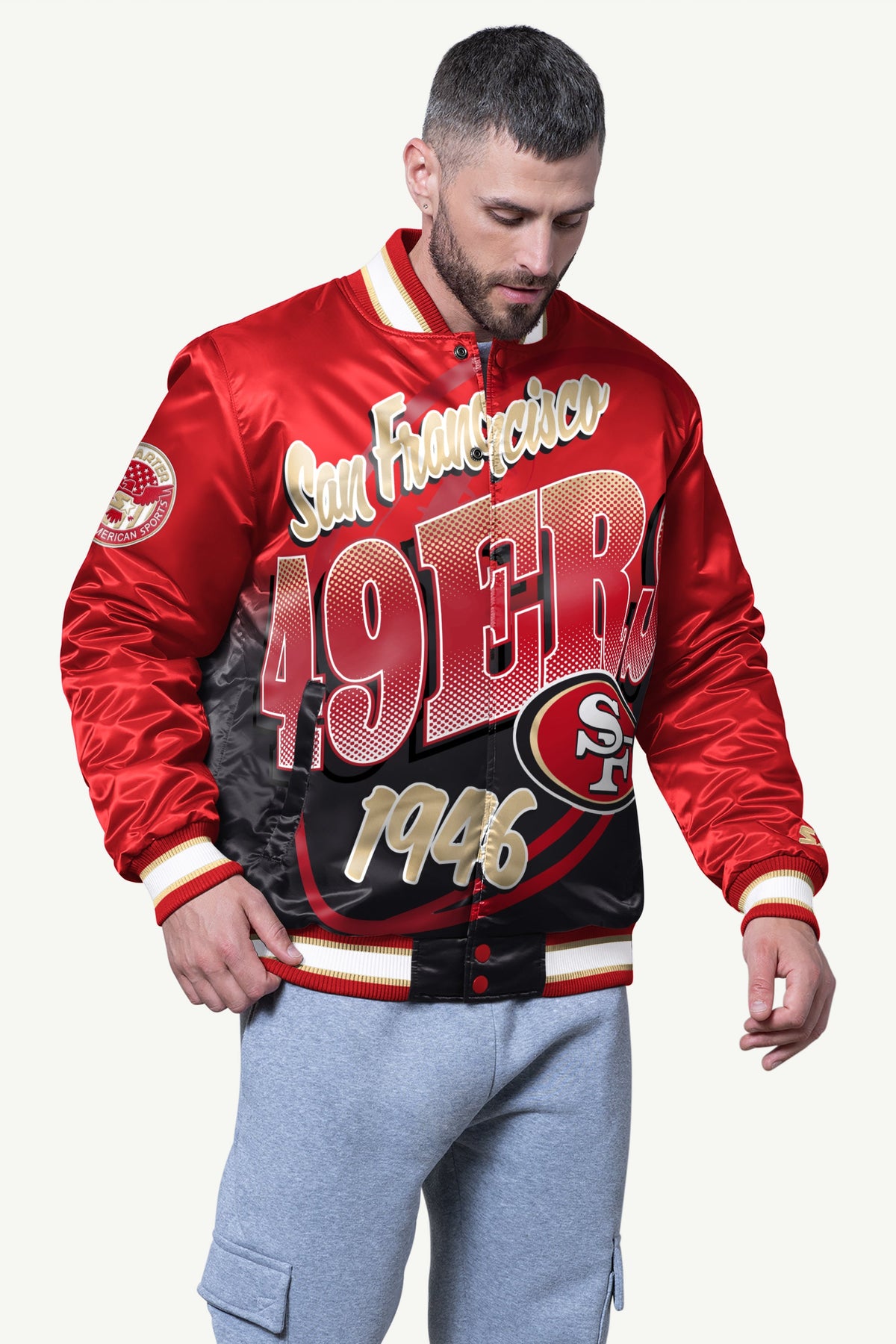 Starter Deals | MENS SAN FRANCISCO 49ERS PASS RUSH SATIN VARSITY JACKET