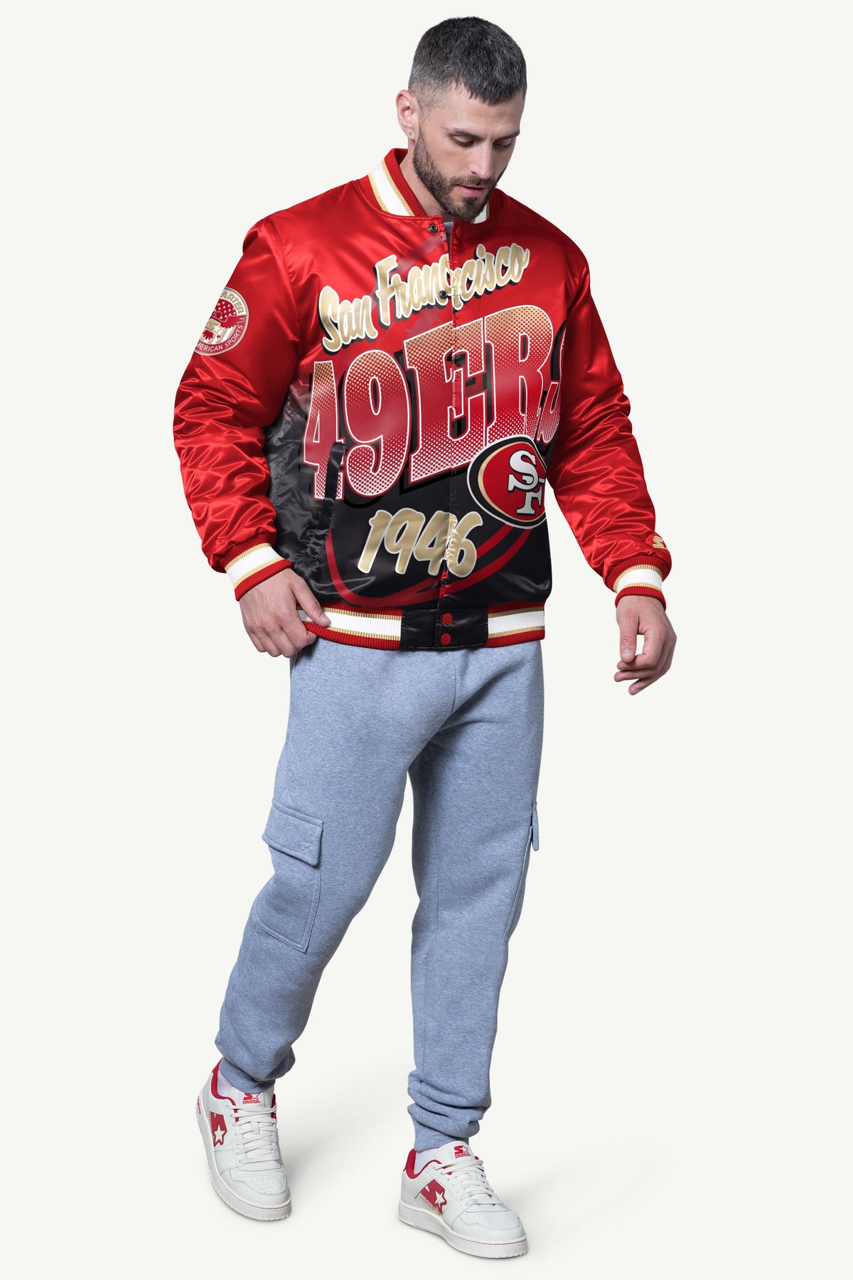 Starter Deals | MENS SAN FRANCISCO 49ERS PASS RUSH SATIN VARSITY JACKET
