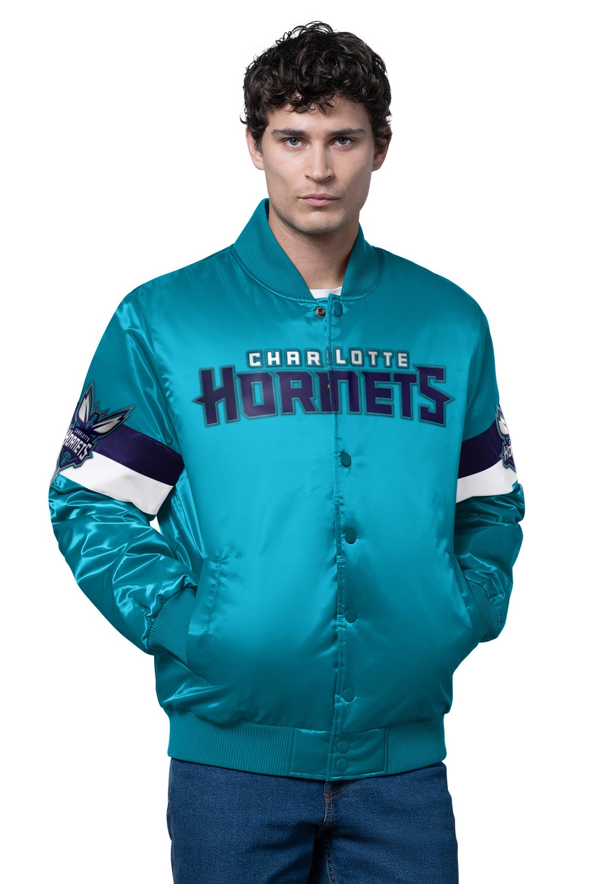 Starter Trending | MENS CHARLOTTE HORNETS TRIPLE OPTION SATIN VARSITY JACKET