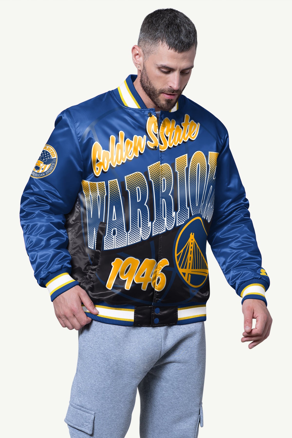 Starter Special Offer | MENS GOLDEN STATE WARRIORS PASS RUSH SATIN VARSITY JACKET