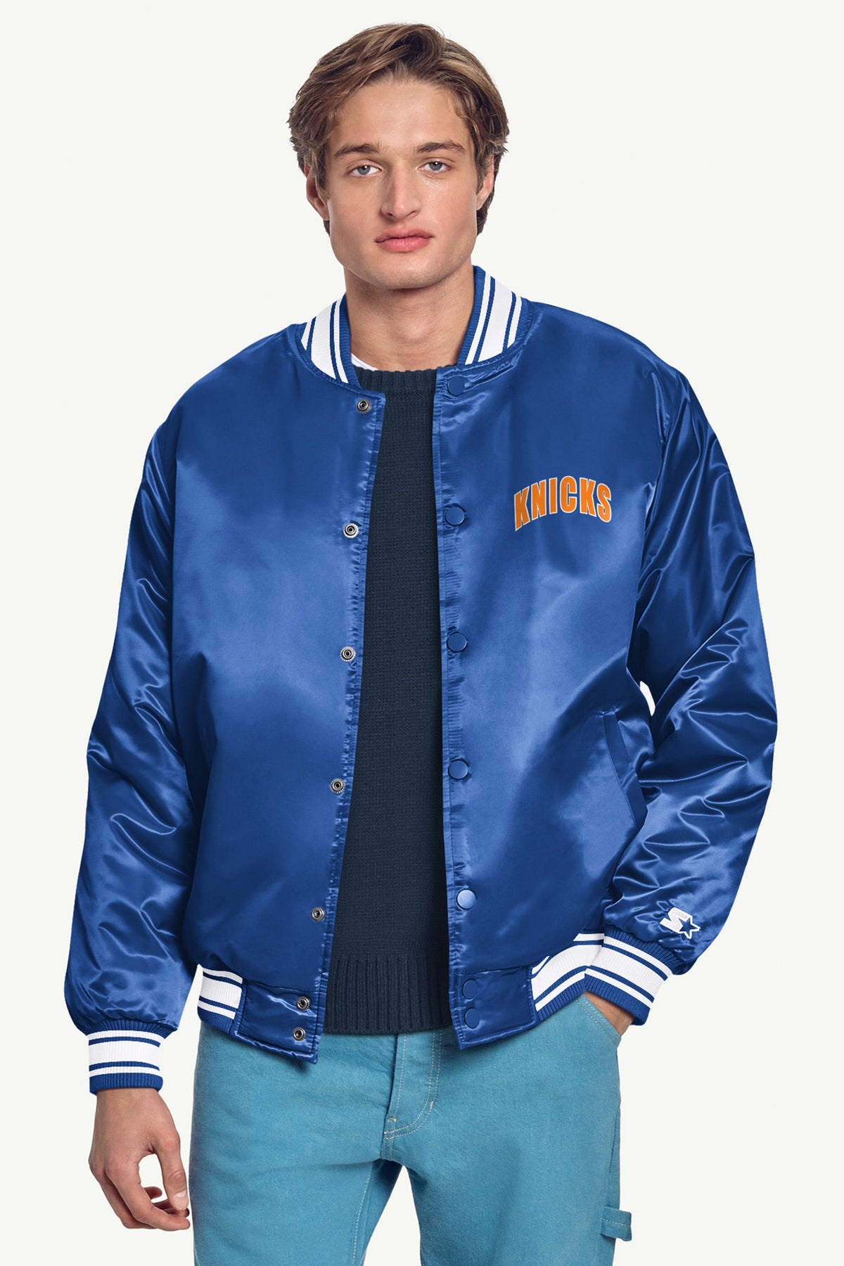 Starter New | MENS NEW YORK KNICKS PRINTED GRAPHIC LOGO SATIN VARSITY JACKET