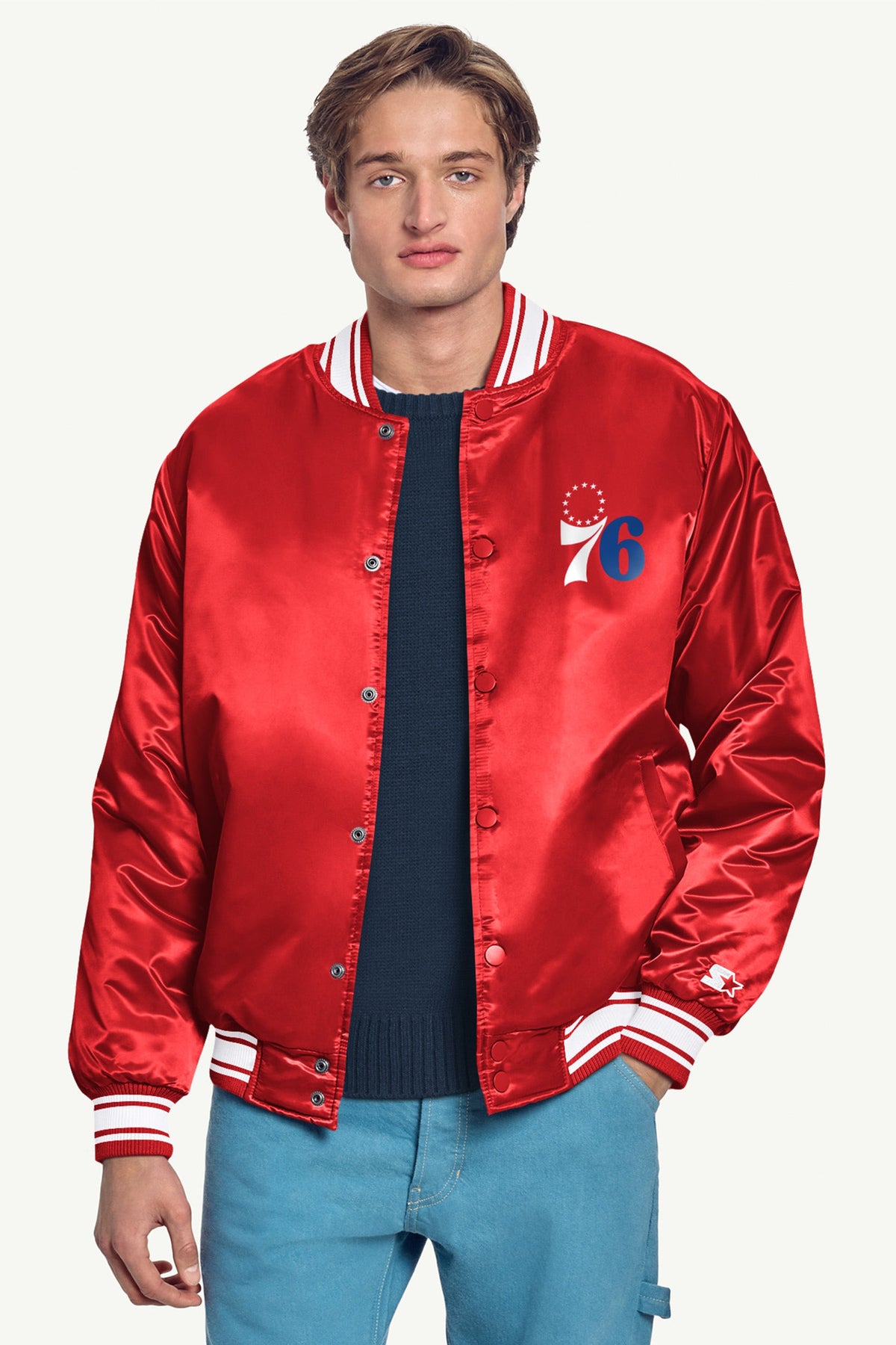 Starter Customer Favorite | MENS PHILADEPHIA 76ERS MESH LOOK SATIN VARSITY JACKET