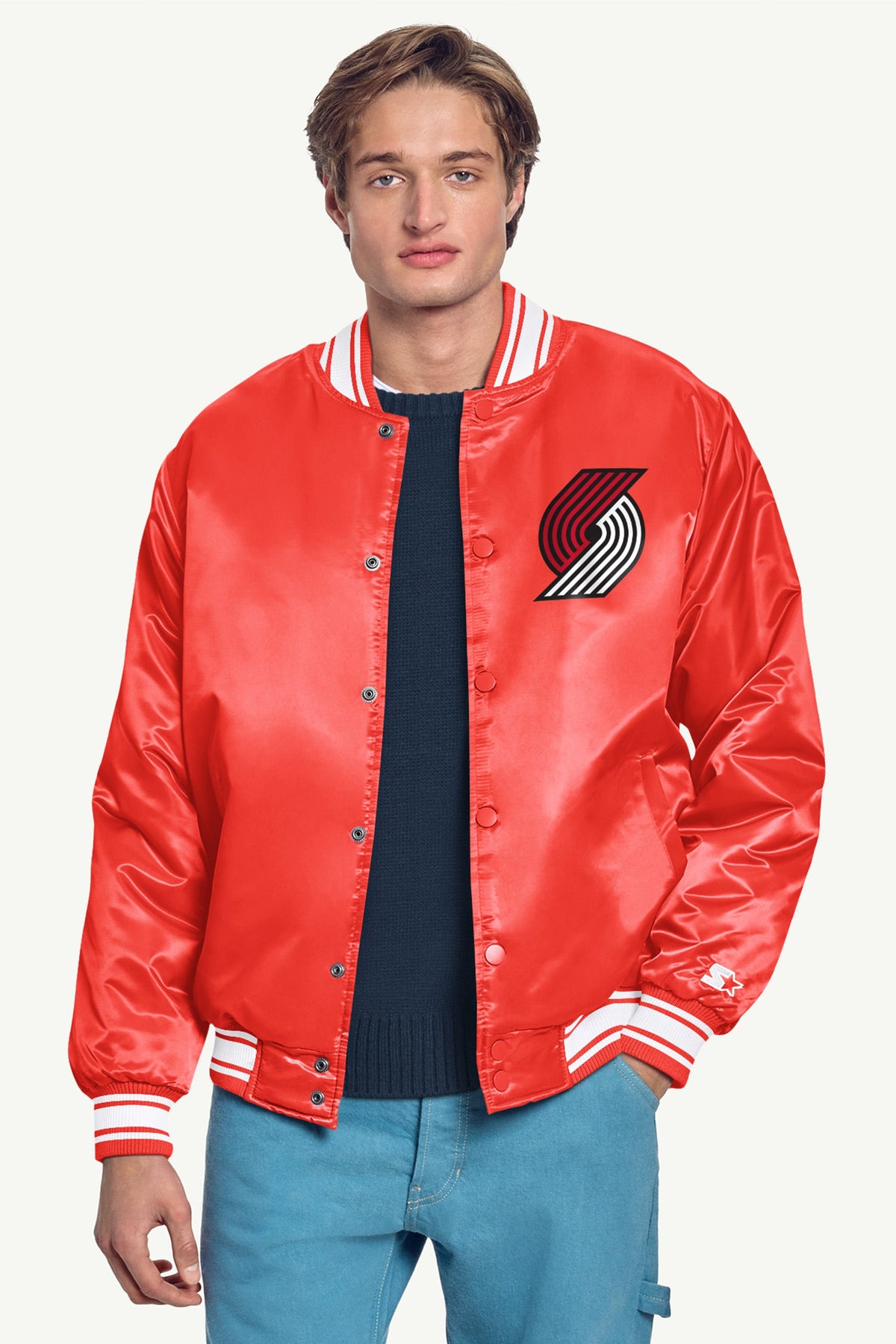 Starter Discount | MENS PORTLAND TRAIL BLAZERS PRINTED GRAPHIC SATIN VARSITY JACKET