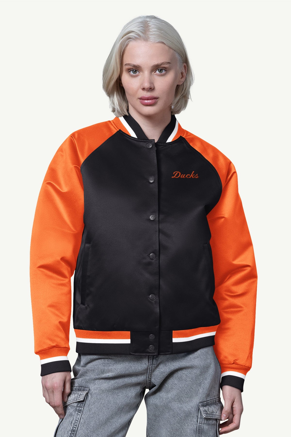 Starter Smart Buy | WOMENS ANAHAEIM DUCKS FINAL SCORE SATIN VARSITY JACKET