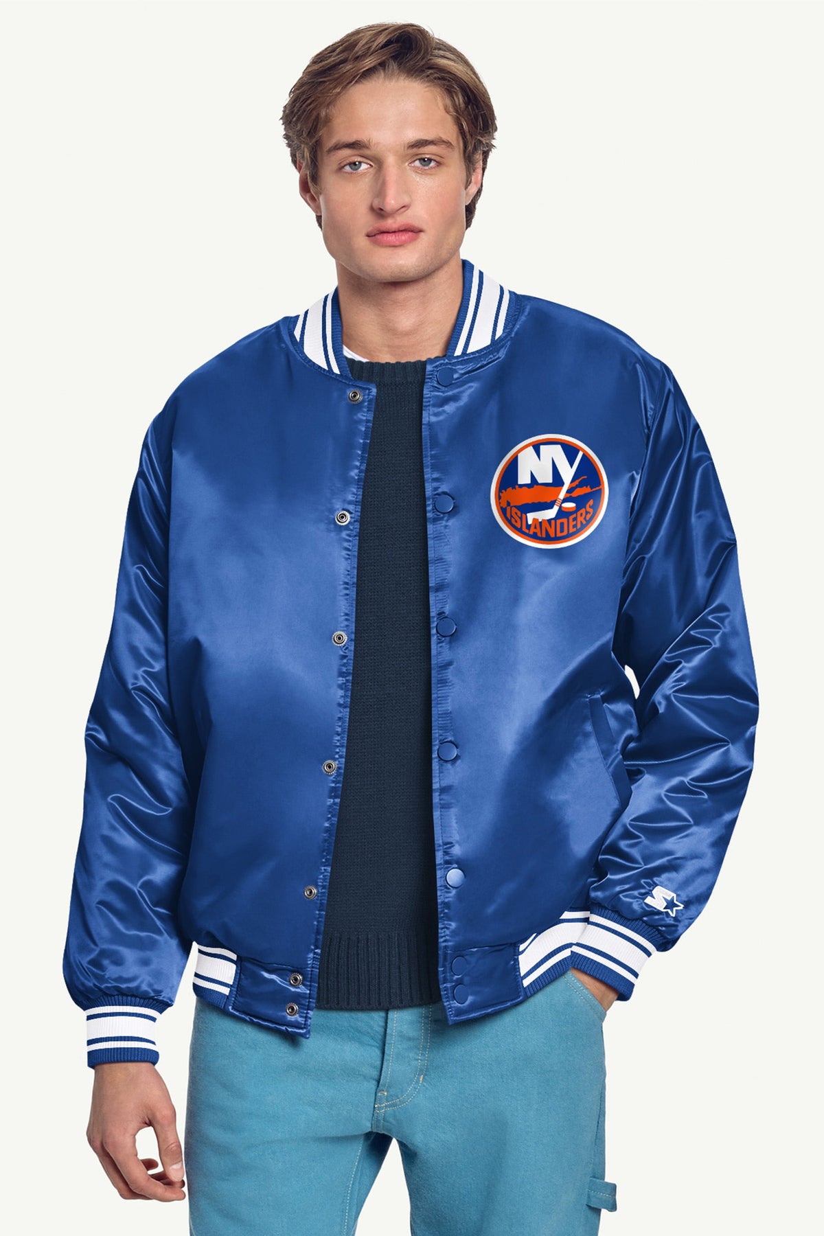 Starter Hot Sale | MENS NEW YORK ISLANDERS PRINTED GRAPHIC TRIANGLE SATIN VARSITY JACKET