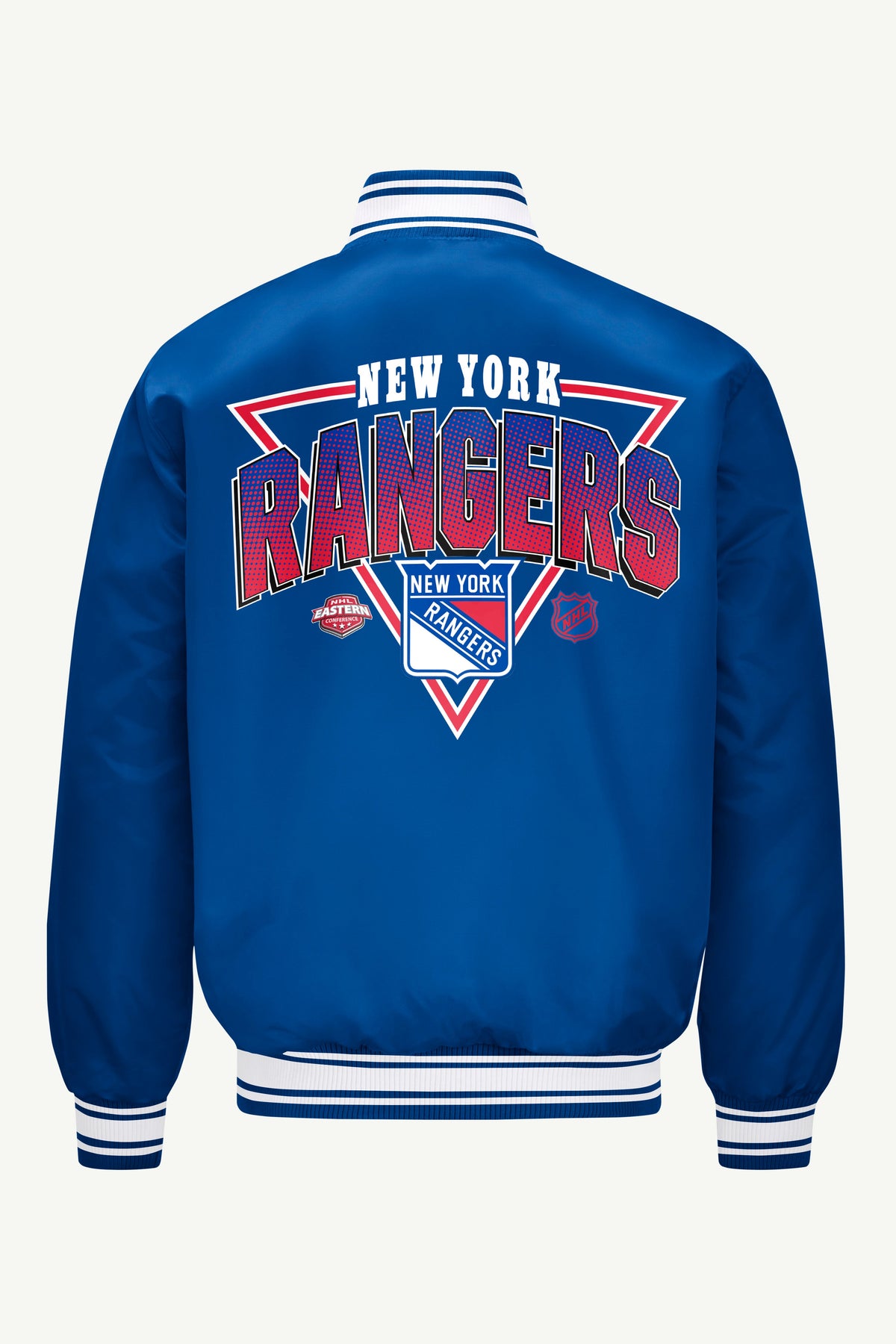 Starter Best Price | MENS NEW YORK RANGERS PRINTED GRAPHIC TRIANGLE SATIN VARSITY JACKET
