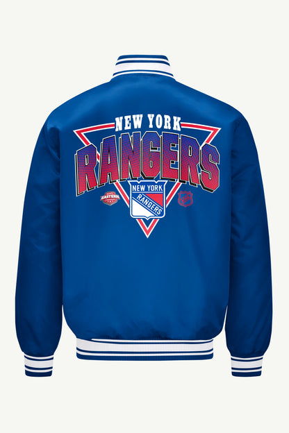 Starter Best Price | MENS NEW YORK RANGERS PRINTED GRAPHIC TRIANGLE SATIN VARSITY JACKET