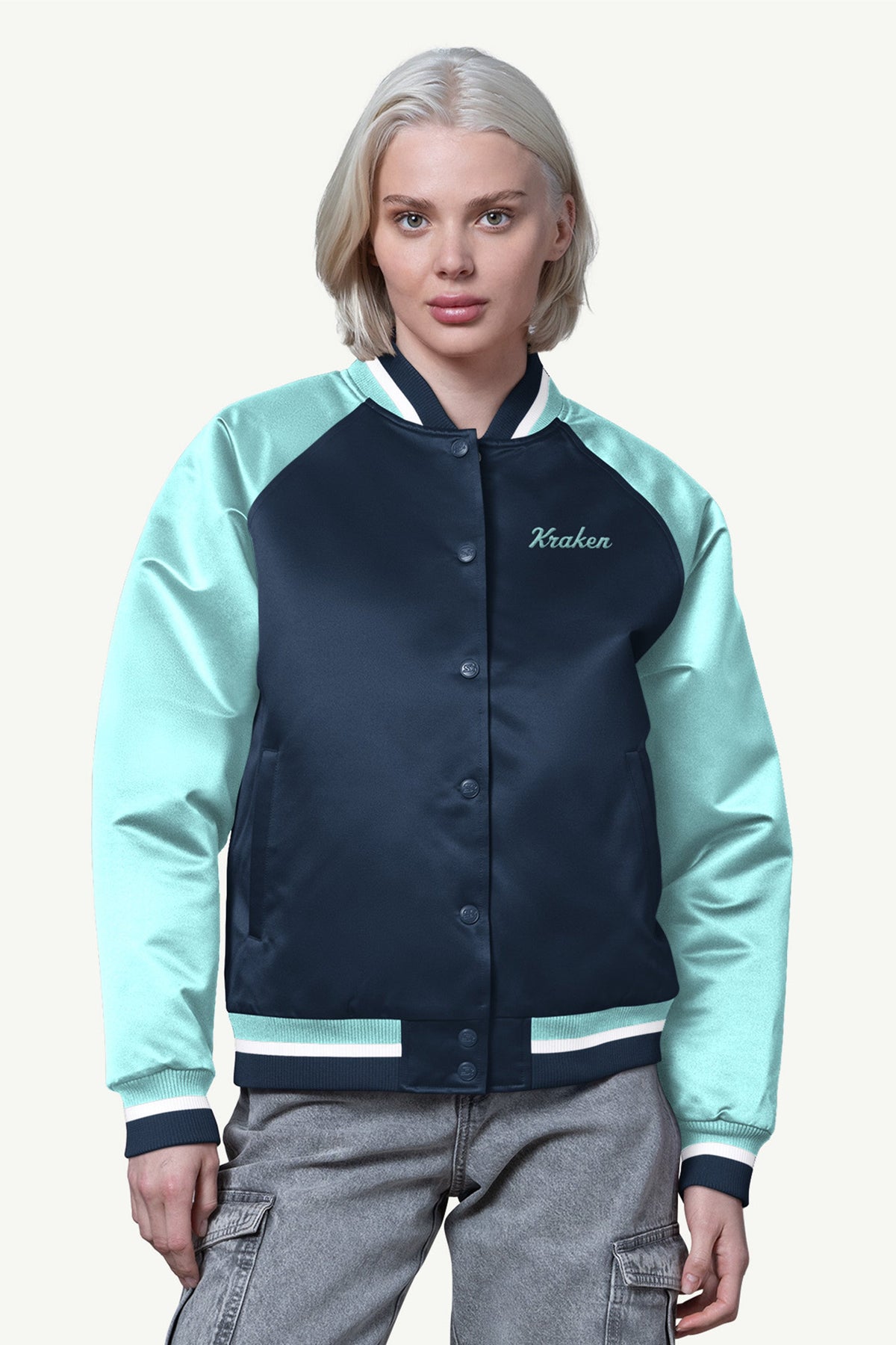Starter Best Price | WOMENS SEATTLE KRAKEN FINAL SCORE SATIN VARSITY JACKET