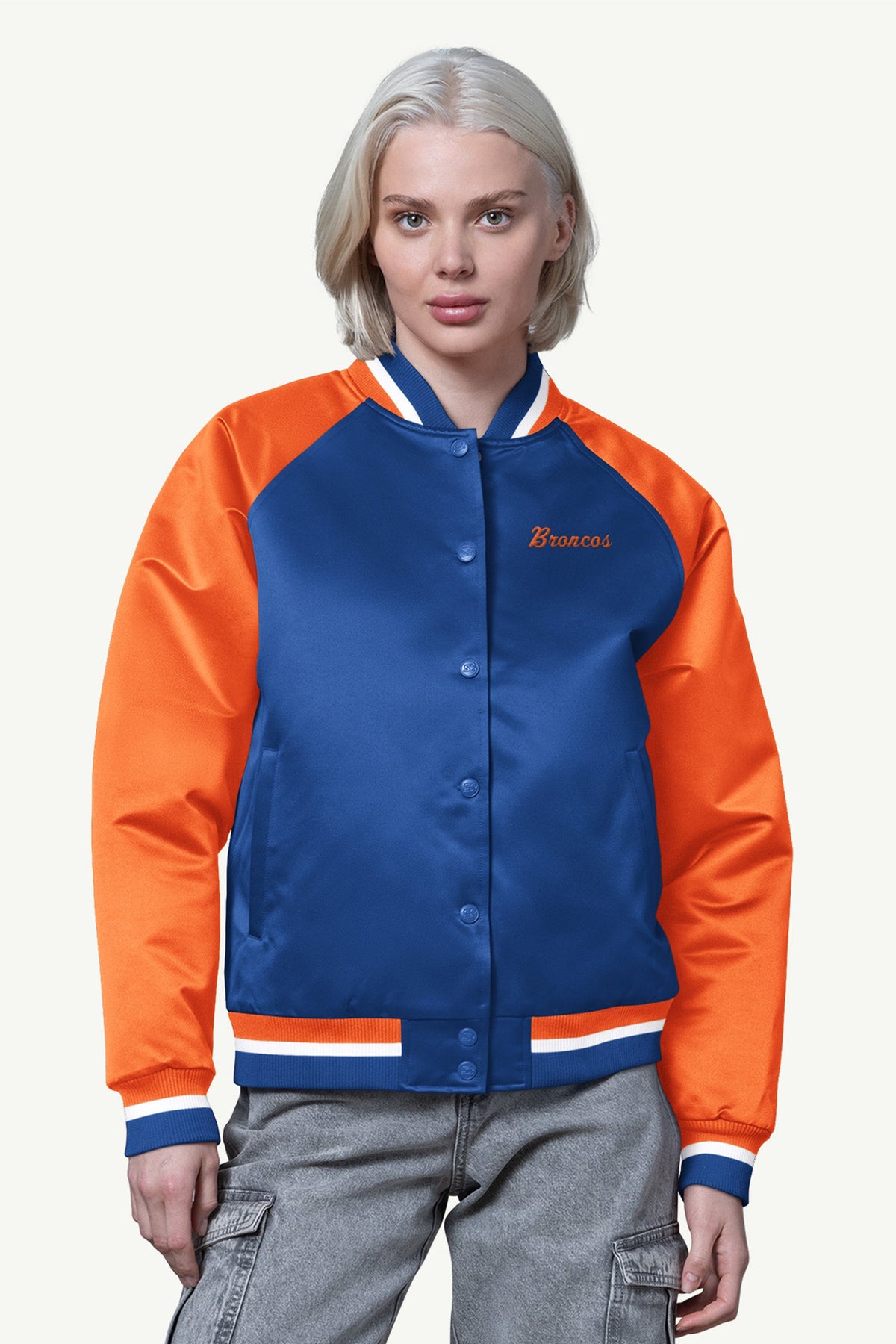 Starter Customer Favorite | WOMENS DENVER BRONCOS FINAL SCORE SATIN VARSITY JACKET