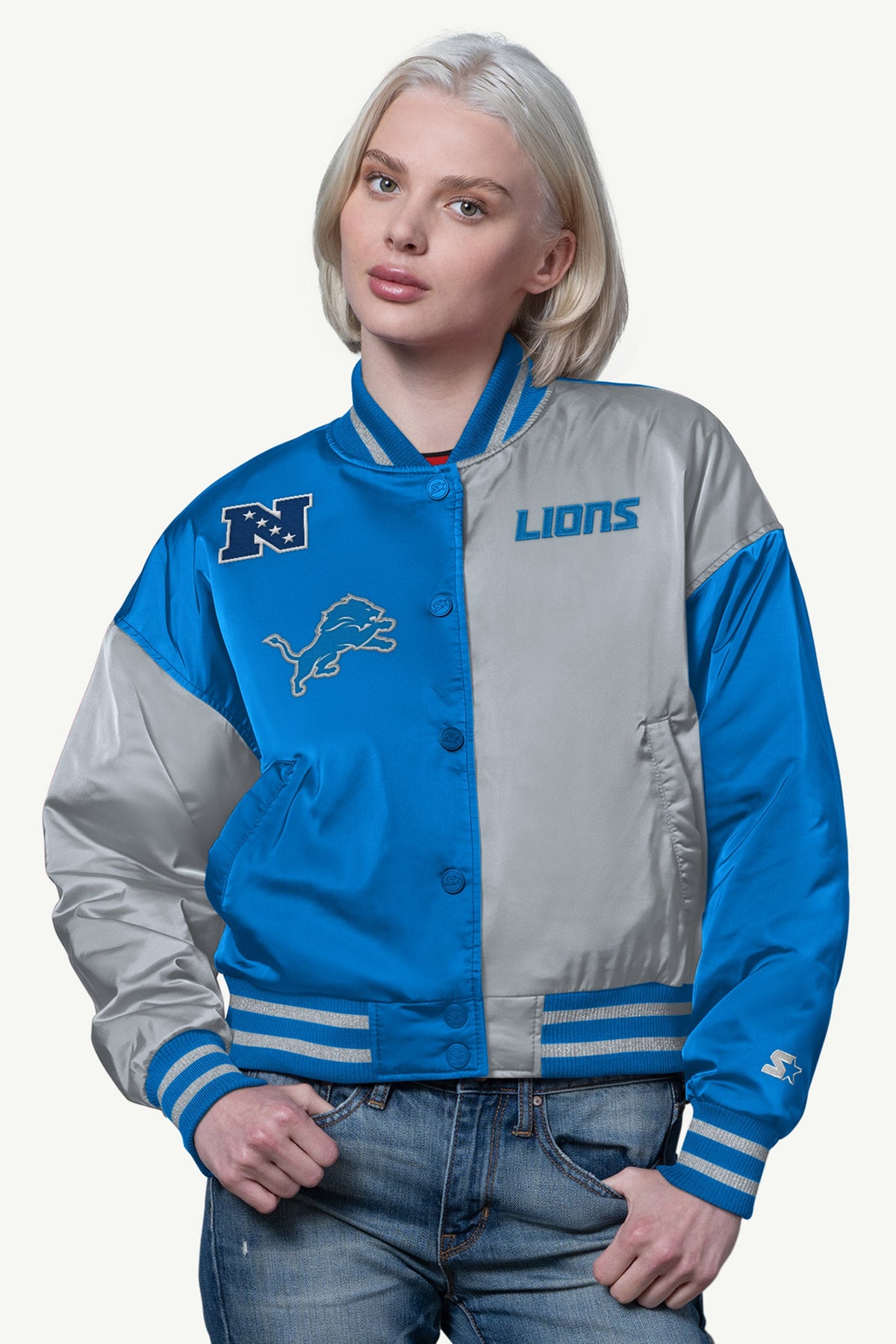 Starter Trending | WOMENS DETROIT LIONS OFFSIDE SATIN VARSITY JACKET