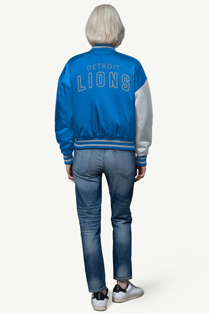 Starter Trending | WOMENS DETROIT LIONS OFFSIDE SATIN VARSITY JACKET
