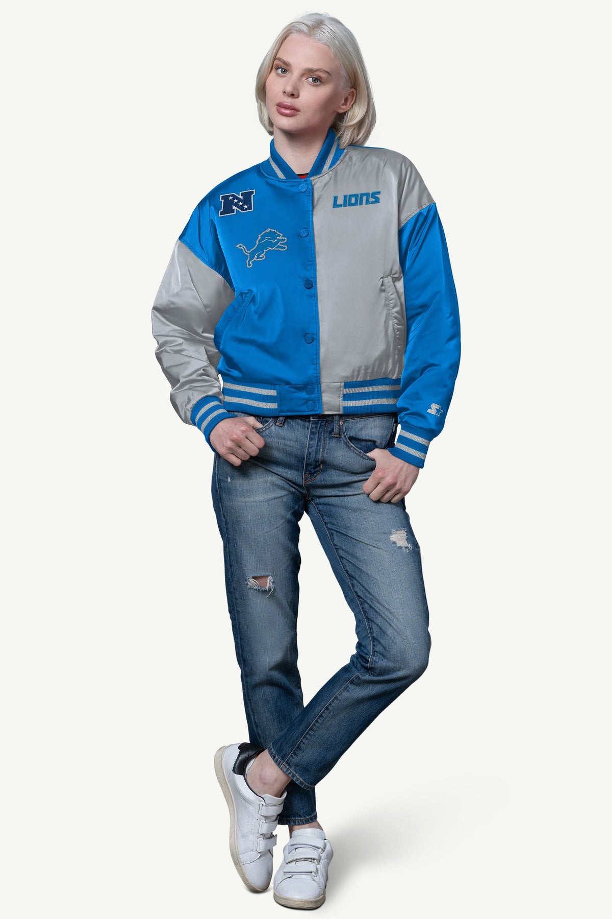 Starter Trending | WOMENS DETROIT LIONS OFFSIDE SATIN VARSITY JACKET