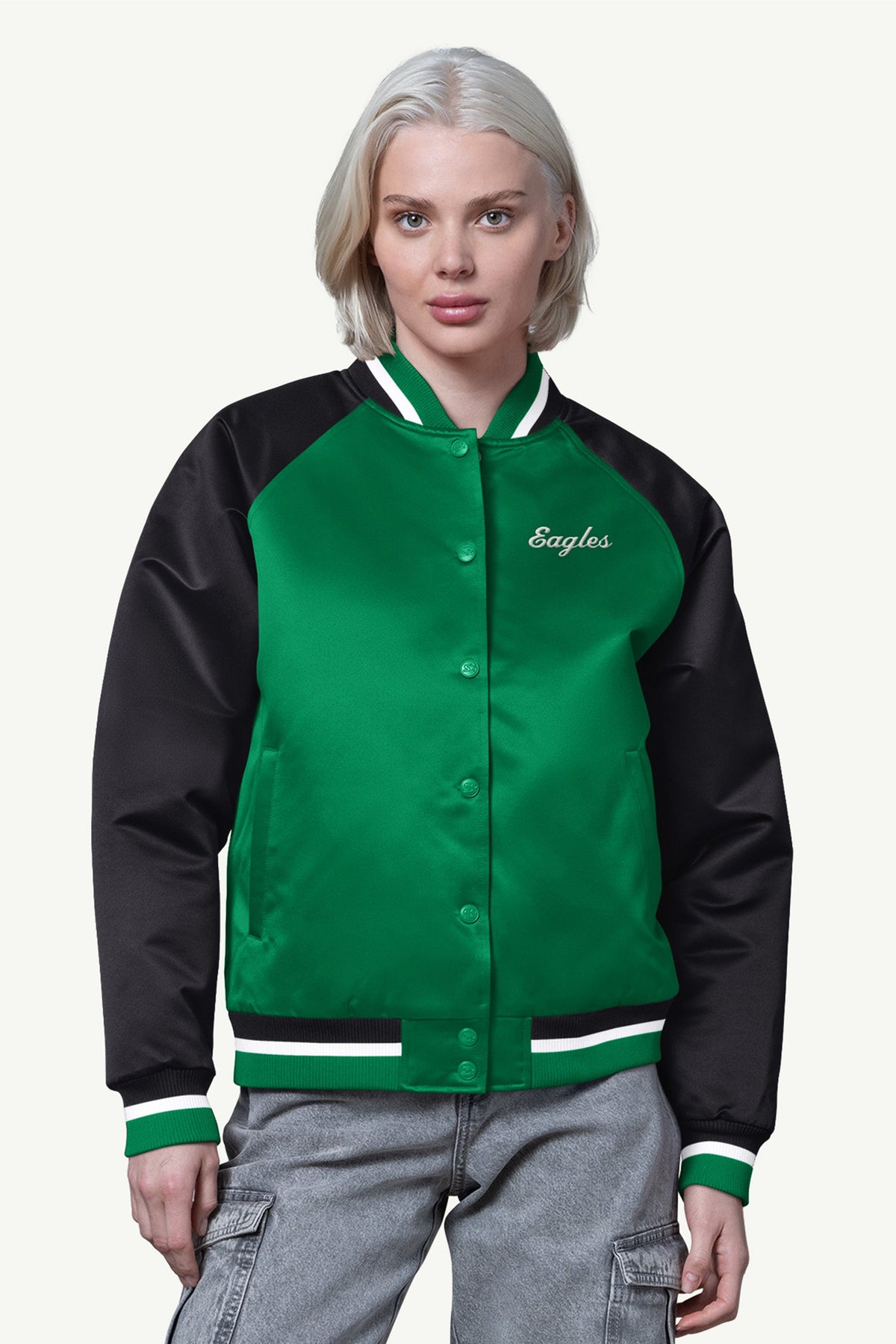Starter Hot Sale | WOMENS PHILADELPHIA EAGLES FINAL SCORE SATIN VARSITY JACKET