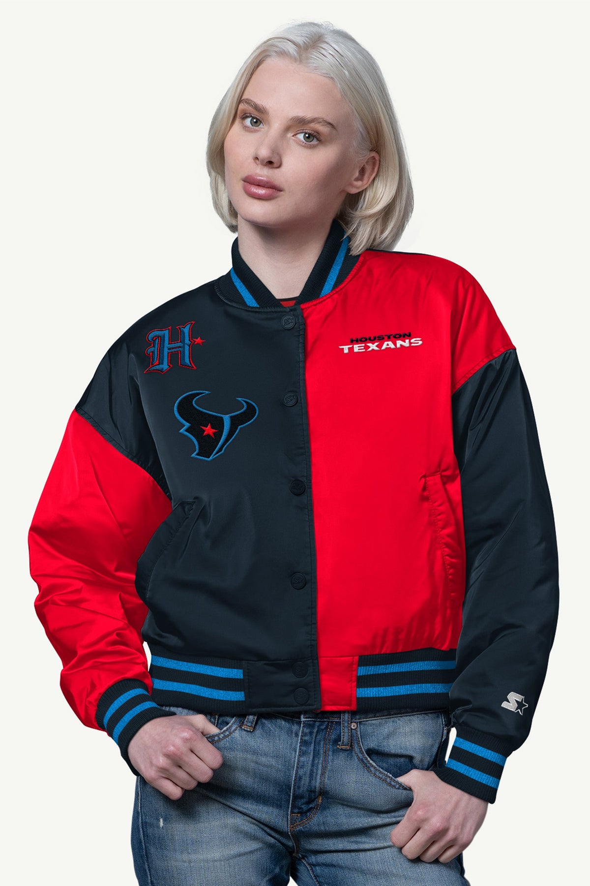 Starter Recommended | WOMENS HOUSTON TEXANS OFFSIDE SATIN VARSITY JACKET