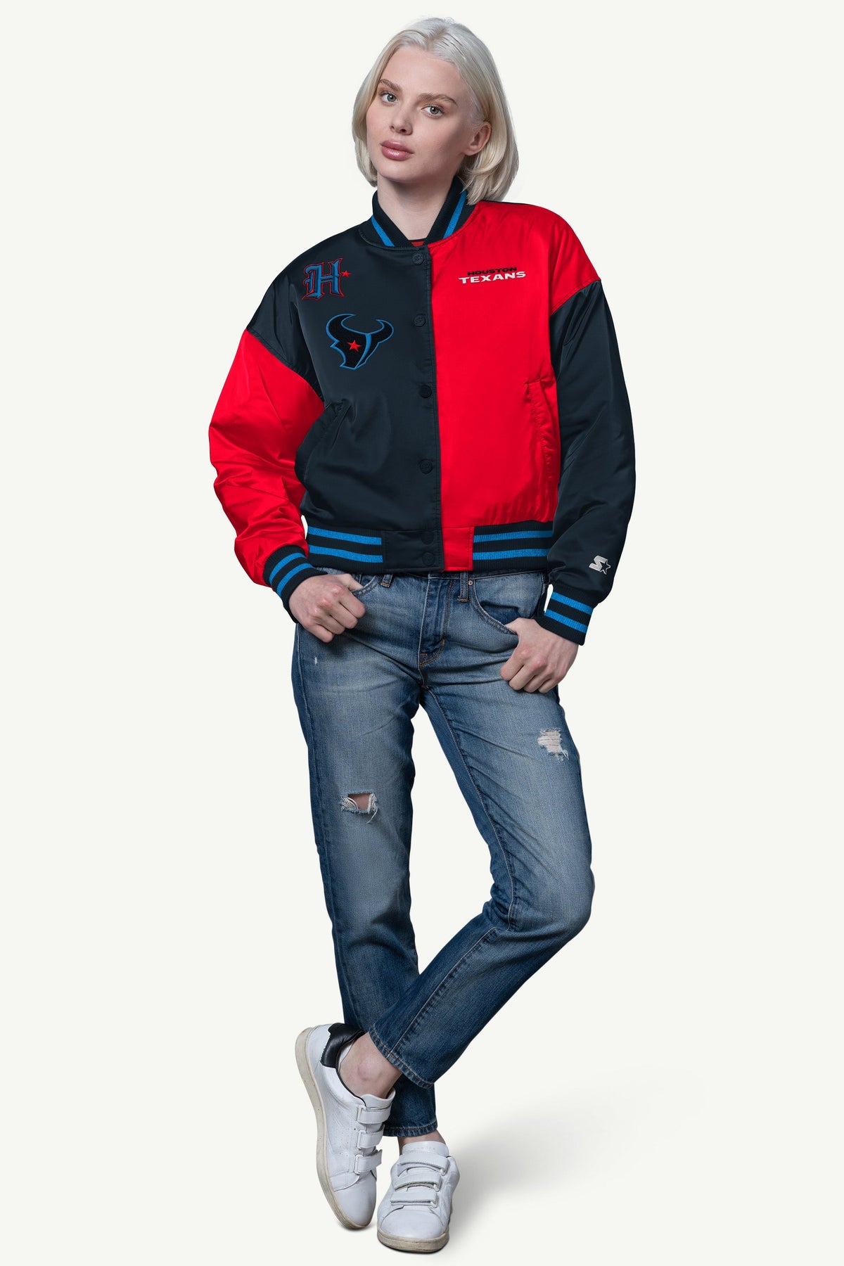 Starter Recommended | WOMENS HOUSTON TEXANS OFFSIDE SATIN VARSITY JACKET