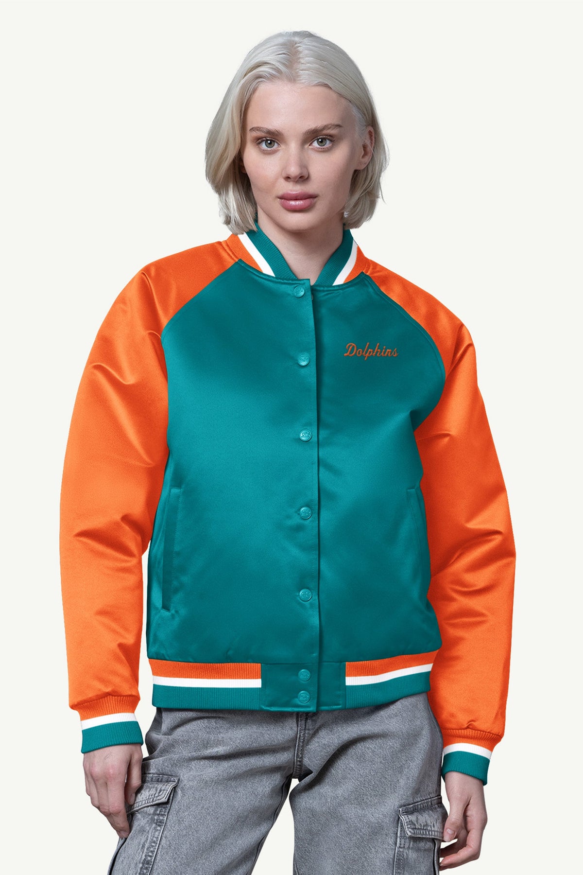 Starter Trending | WOMENS MIAMI DOLPHINS FINAL SCORE SATIN VARSITY JACKET