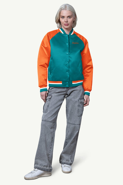 Starter Trending | WOMENS MIAMI DOLPHINS FINAL SCORE SATIN VARSITY JACKET