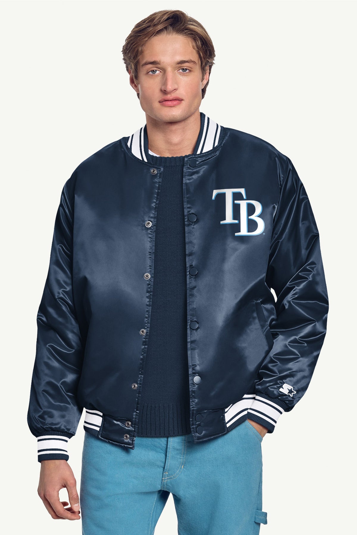 Starter Great Value | MENS TAMPA BAY RAYS PRINTED HOMEPLATE SATIN VARSITY JACKET